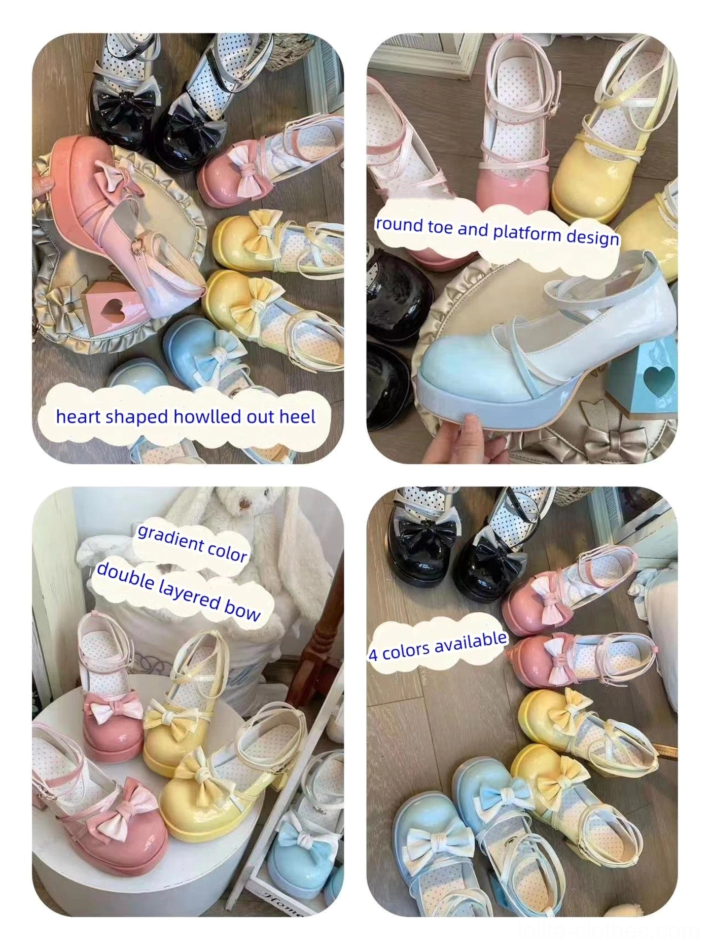 Promotional collage showcase featuring multiple angles of Sweet Lolita heart-cutout platform heels, highlighting design features including gradient upper, layered bow, and heart heel block, displaying all four available color variants