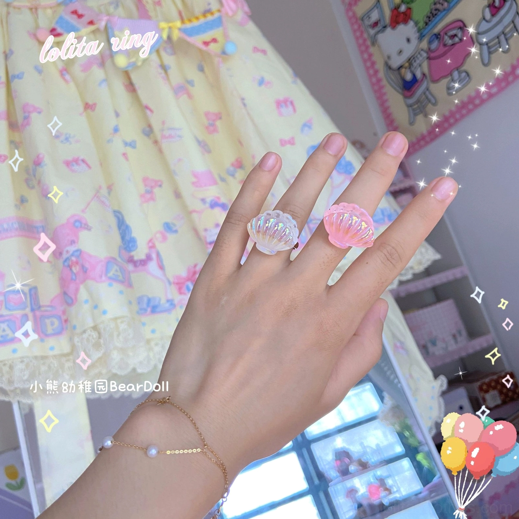 Lolita heart-shaped resin adjustable ring with decorative background kawaii sweet aesthetic