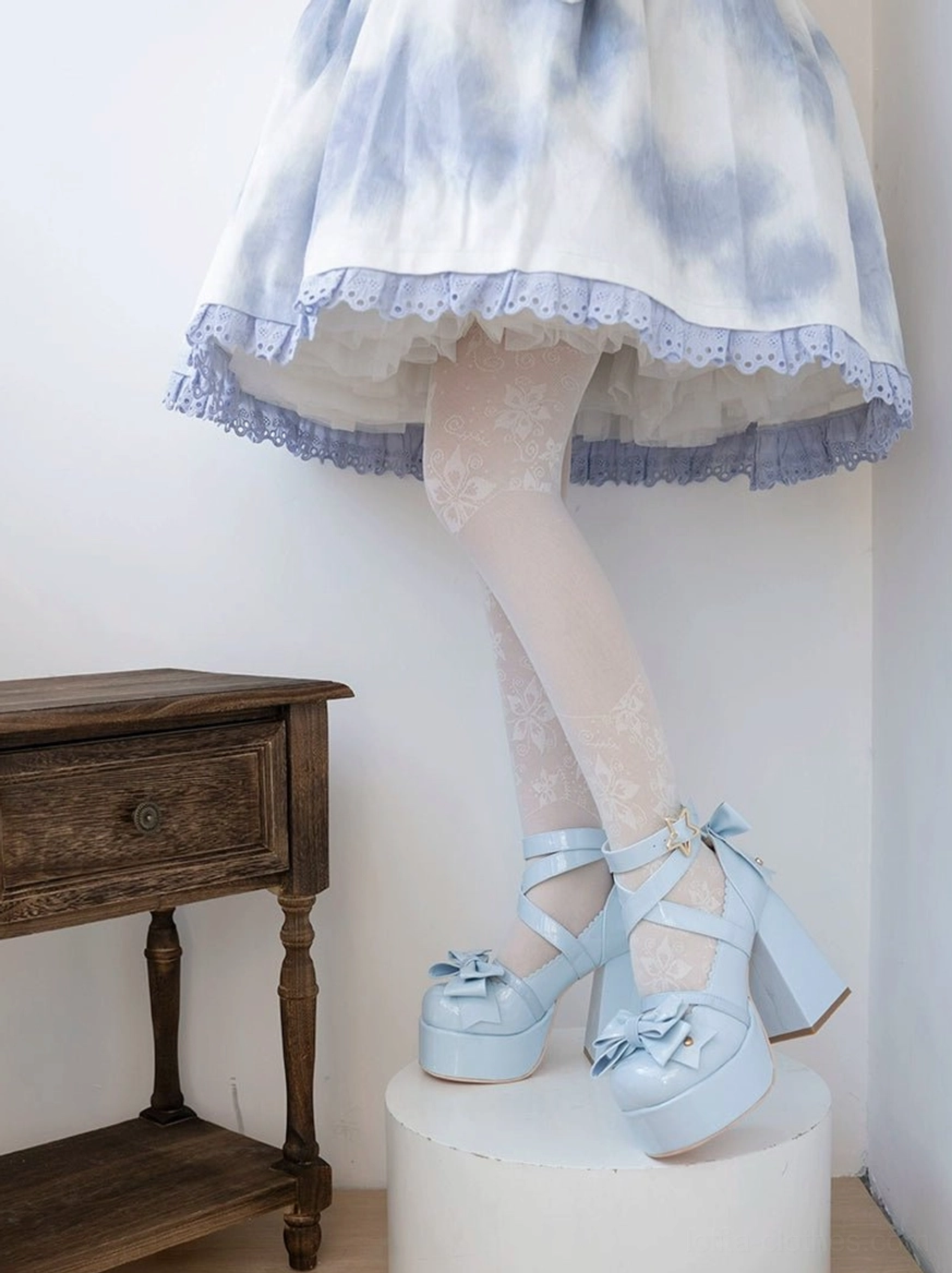Front close-up feet wearing blue lolita heels white lace stockings toe bow platform design wooden floor