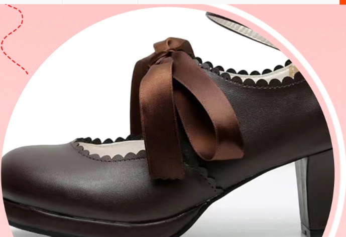 Close-up detail of lolita high heel shoe featuring intricate scalloped edge design, satin ribbon bow attachment, and decorative stitching on ultra-fine leather material