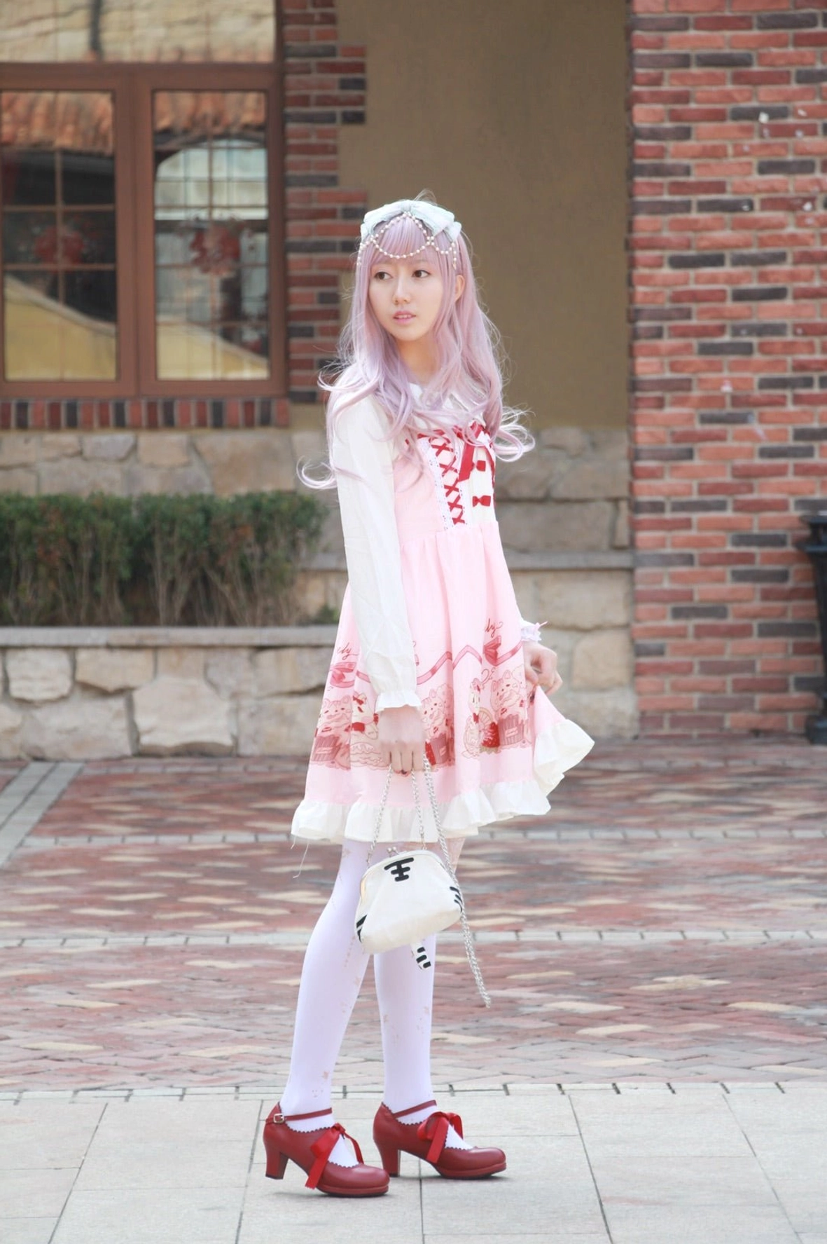 Lolita high heel shoes worn with knee-high lace socks and classical lolita JSK dress in vintage-inspired elegant daily wear coordinate