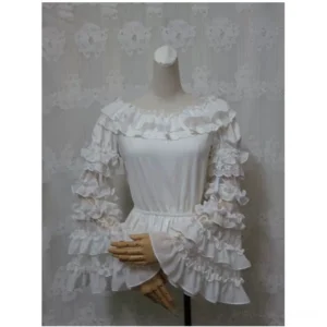 Rear three-quarter view of white Lolita Hime sleeves showing layered ruffled construction and fitted silhouette on mannequin