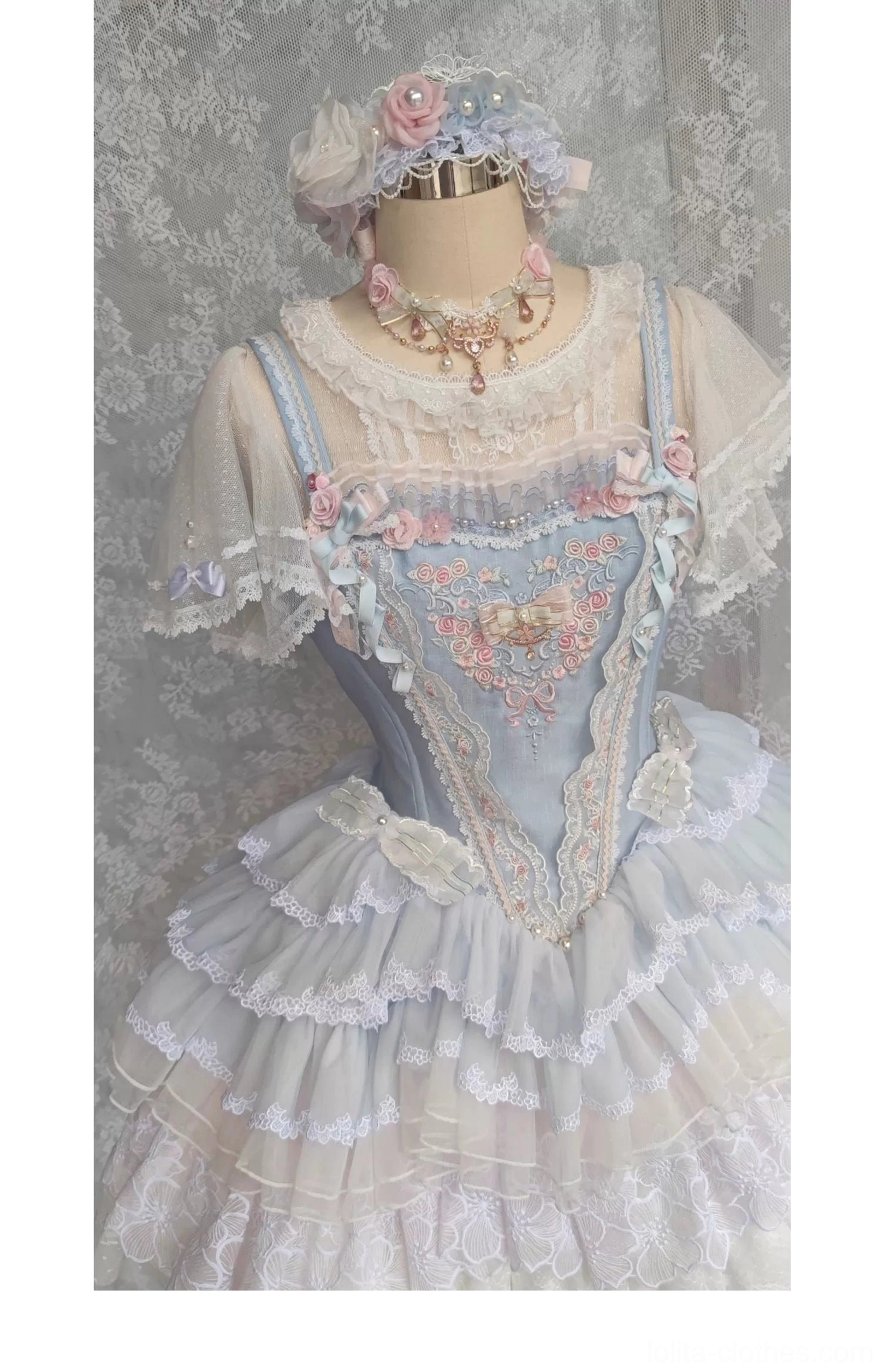 Classic Lolita hime-sleeve blouse detail shot showcasing embroidered lace cuff layers chiffon fabric construction and princess sleeve structure with white background