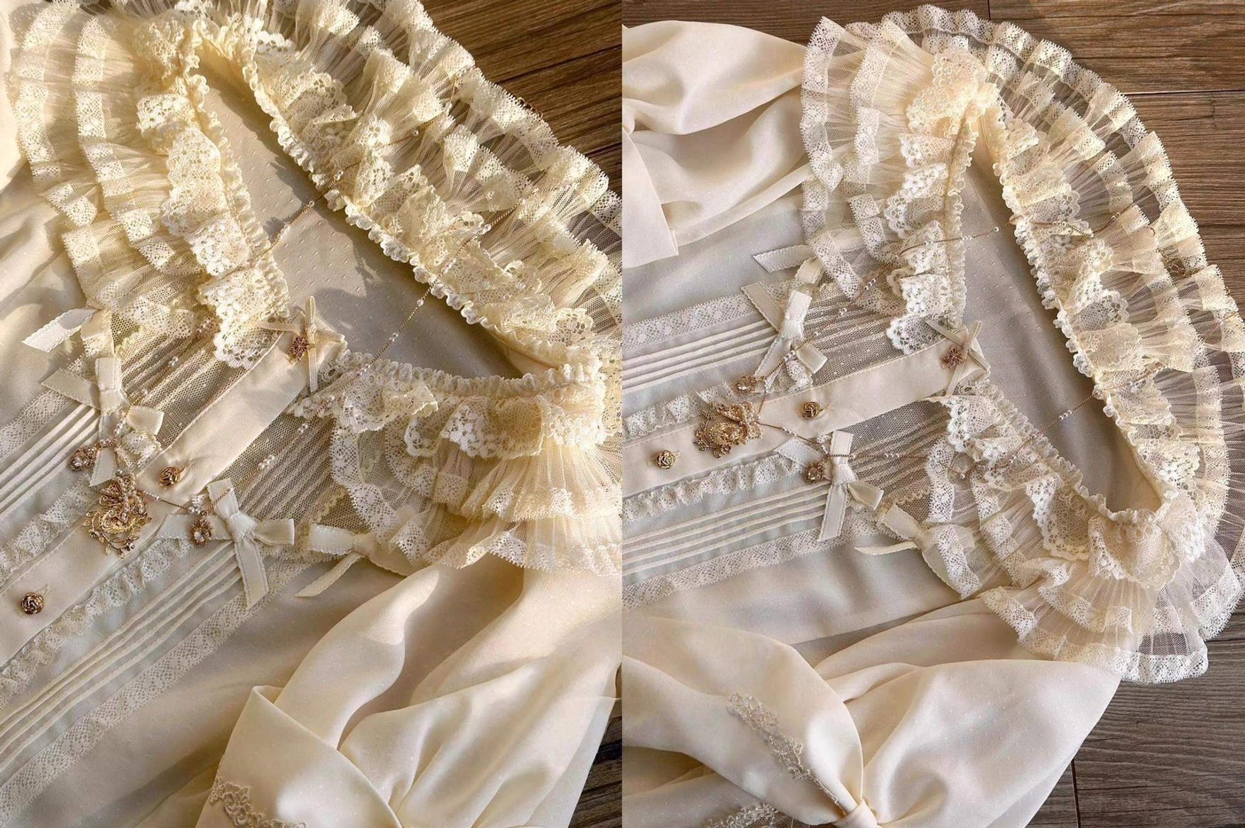 Hime sleeve cuff lace ruffles and gold decorative buttons on ivory lolita blouse, detailed close-up of satin fabric finish and lace-up cuff system