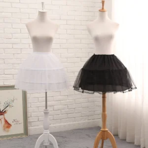 dual-color lolita hoop petticoat in white and black displayed on two wooden mannequins showing front overall silhouette with elastic waistbands and lace hem trims
