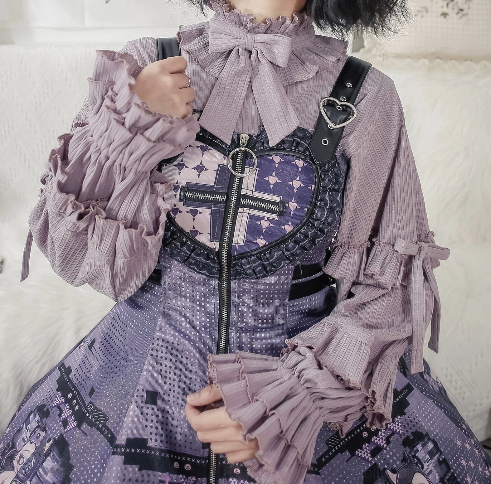 Lolita inner blouse off-white color option with tiered ruffled sleeves and detachable bow decoration styling