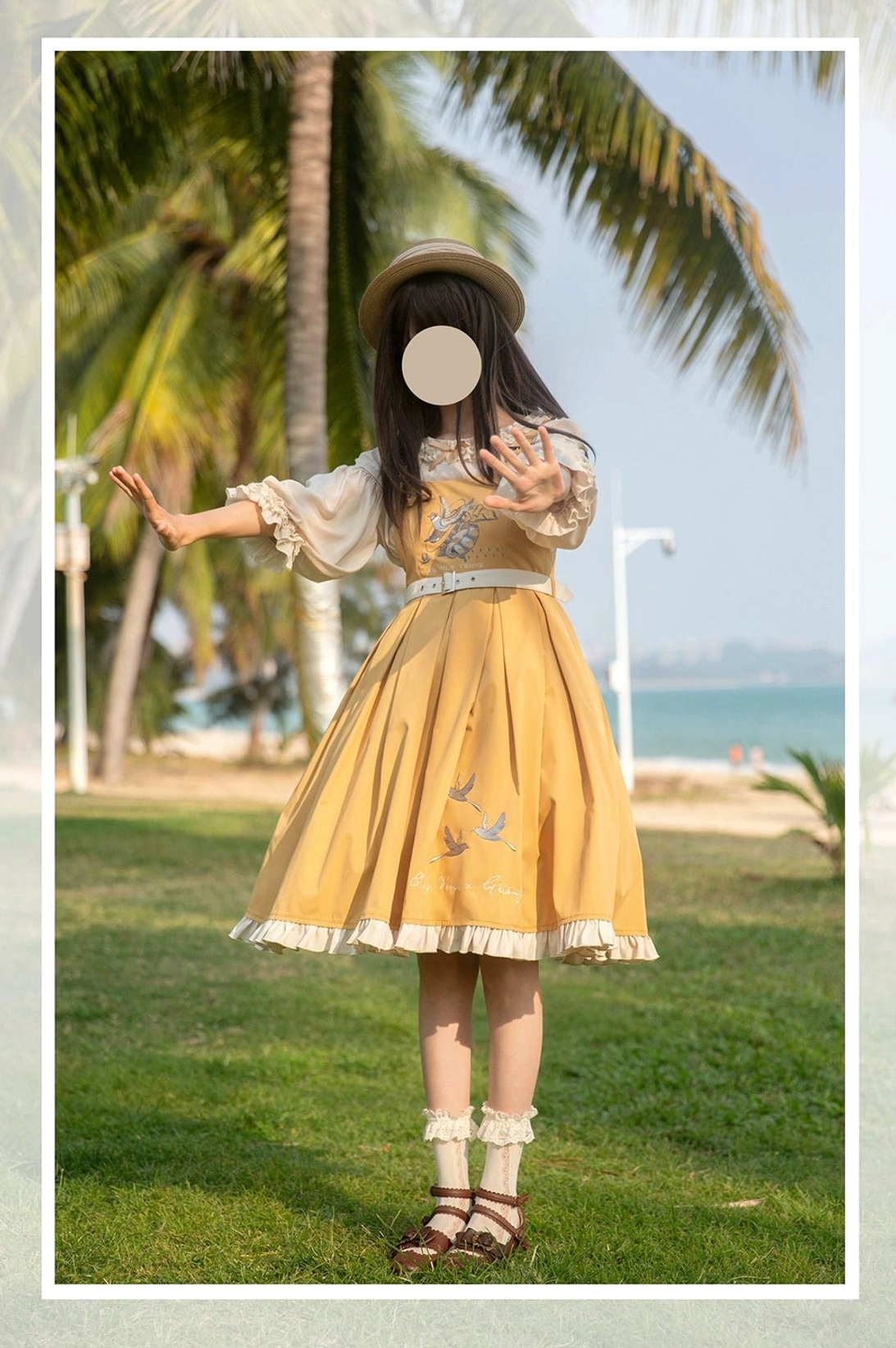 Lolita inner blouse wide round neckline detail with ruffles three-quarter length lantern sleeve design full view