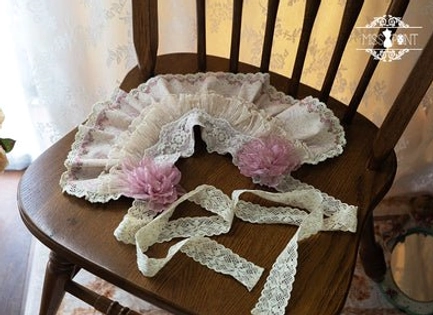 ivory lolita ruffled lace collar accessory with pink flower decorations and extended lace tie straps for versatile wear