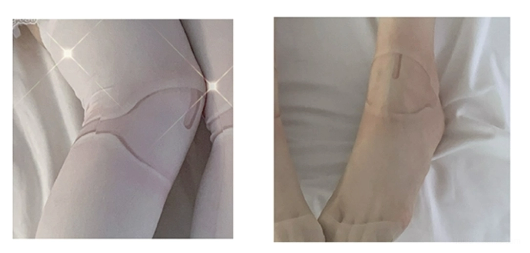 Close-up detail knee joint print Lolita pantyhose shiny milk white velvet fabric