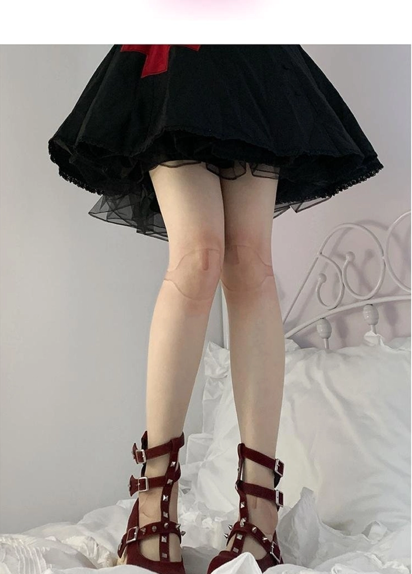 Joint printed Lolita stockings close-up with nurse dress wine red heels top-down view