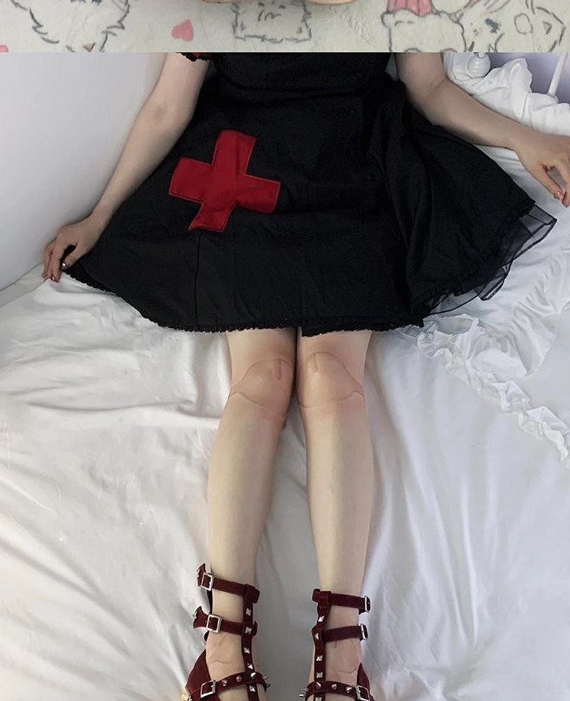 Joint printed Lolita stockings black dress red cross lying on bed bedroom aesthetic