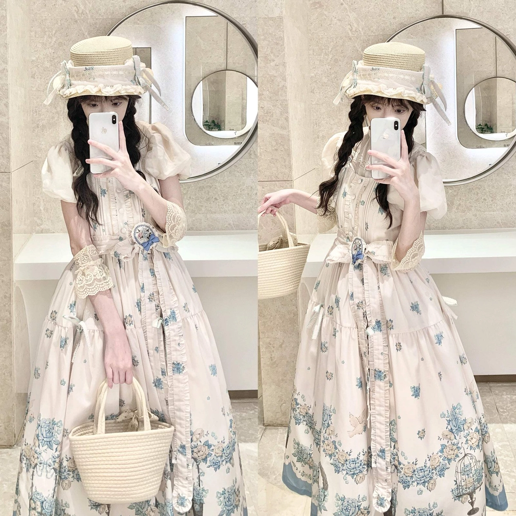 Classic lolita jumper skirt dress adjustable shoulder strap feature close-up, button adjustment system detail