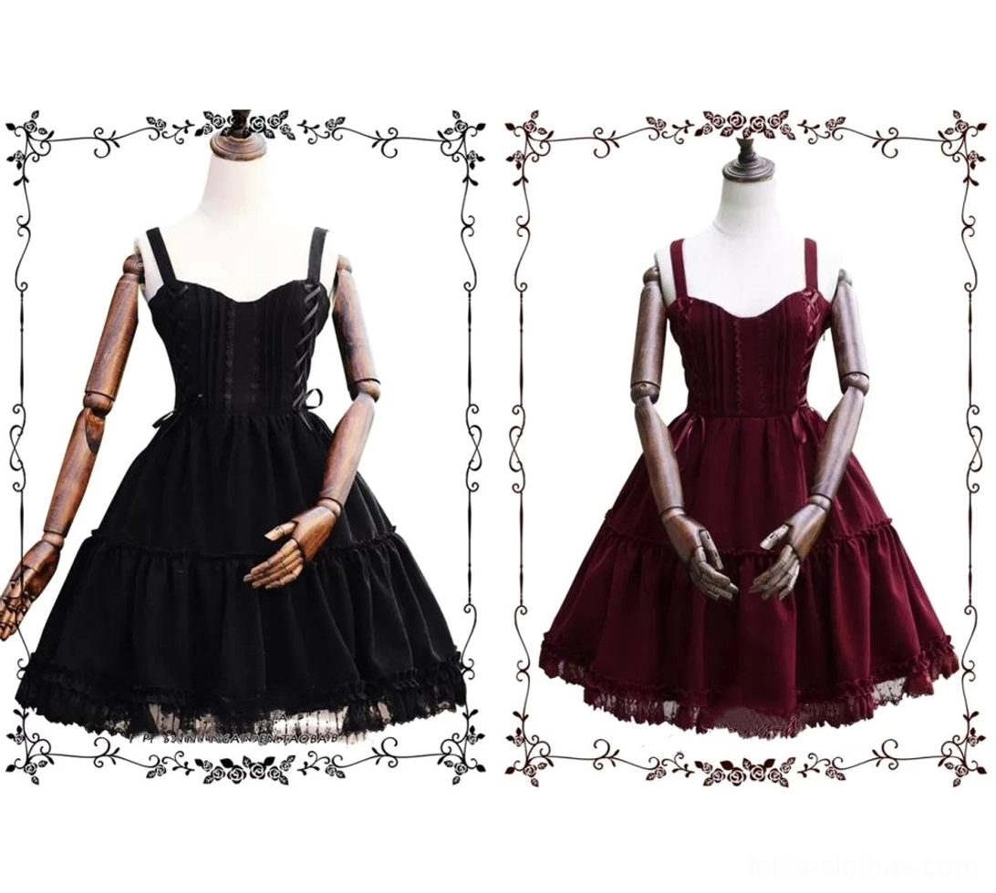 Burgundy lolita jsk a-line silhouette bell shape classic lolita aesthetic composite velvet fabric matte finish showcase