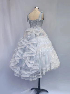 dreamy ballet lolita jsk dress form back view showing backless corset top layered ruffled lace tulle midi skirt large detachable back bow waist white studio backdrop