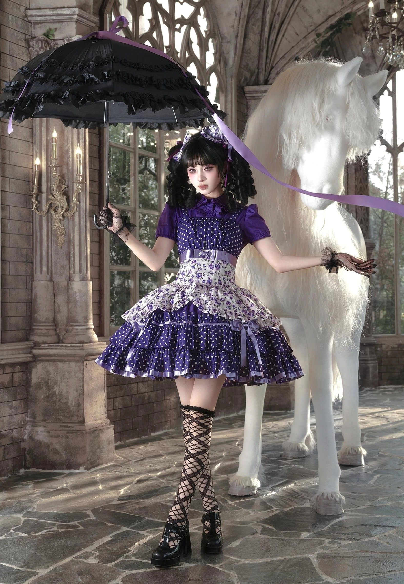 Blue and purple old school Lolita JSK dresses displayed side-by-side showing color options, polka dot and floral print variations, and overall silhouette comparison between size options