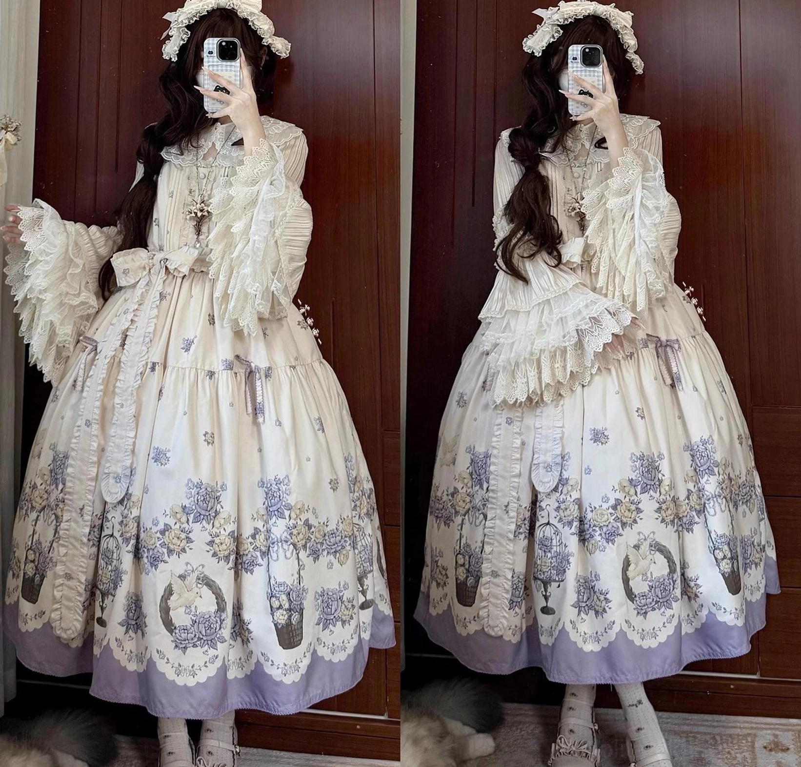 Classic lolita jumper skirt dress bodice front design ruffled neckline lace accents detail view