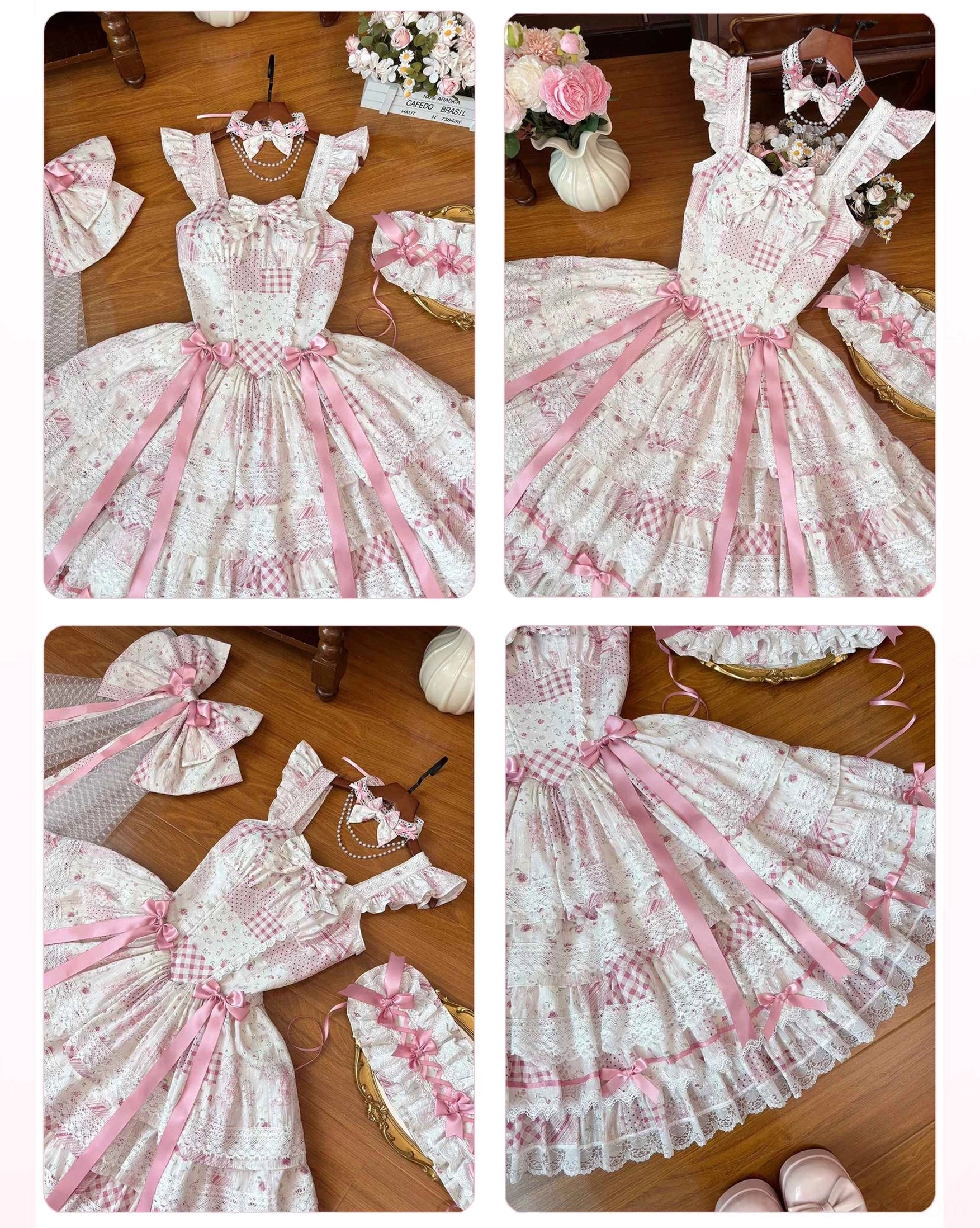 Close-up detail collage of lolita JSK dresses showing shoulder straps, decorative bows, ribbon trims, lace ruffle hem, and floral printed fabric texture in pink and blue