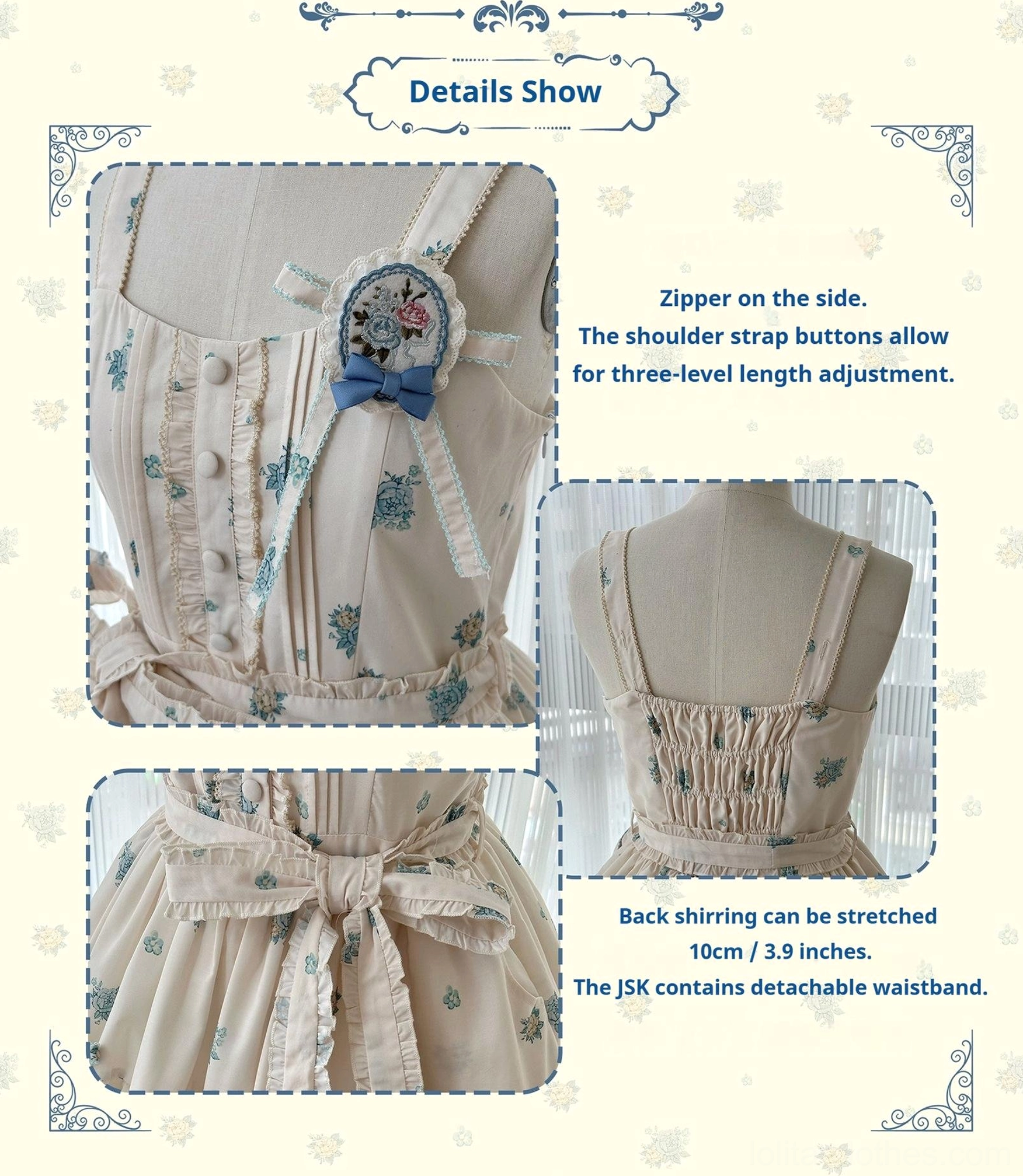 Classic lolita jsk dress close-up detail showcase multiple component views, side zipper closure, adjustable button shoulder straps, stretchy back shirring, detachable waist bow sash, brooch pin