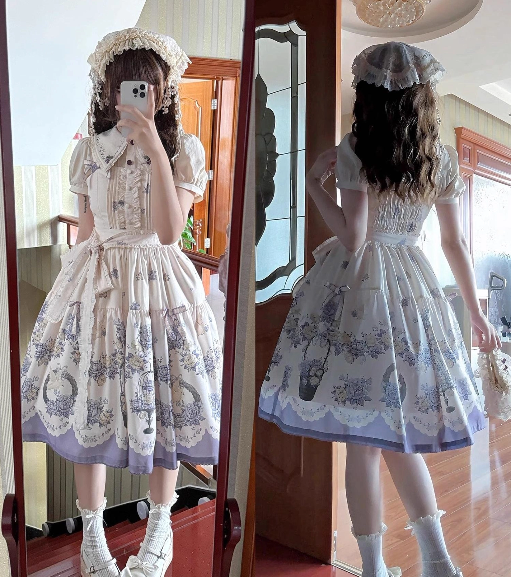 Lolita jsk dress color palette showcase all available colors, cream blue green purple variants display