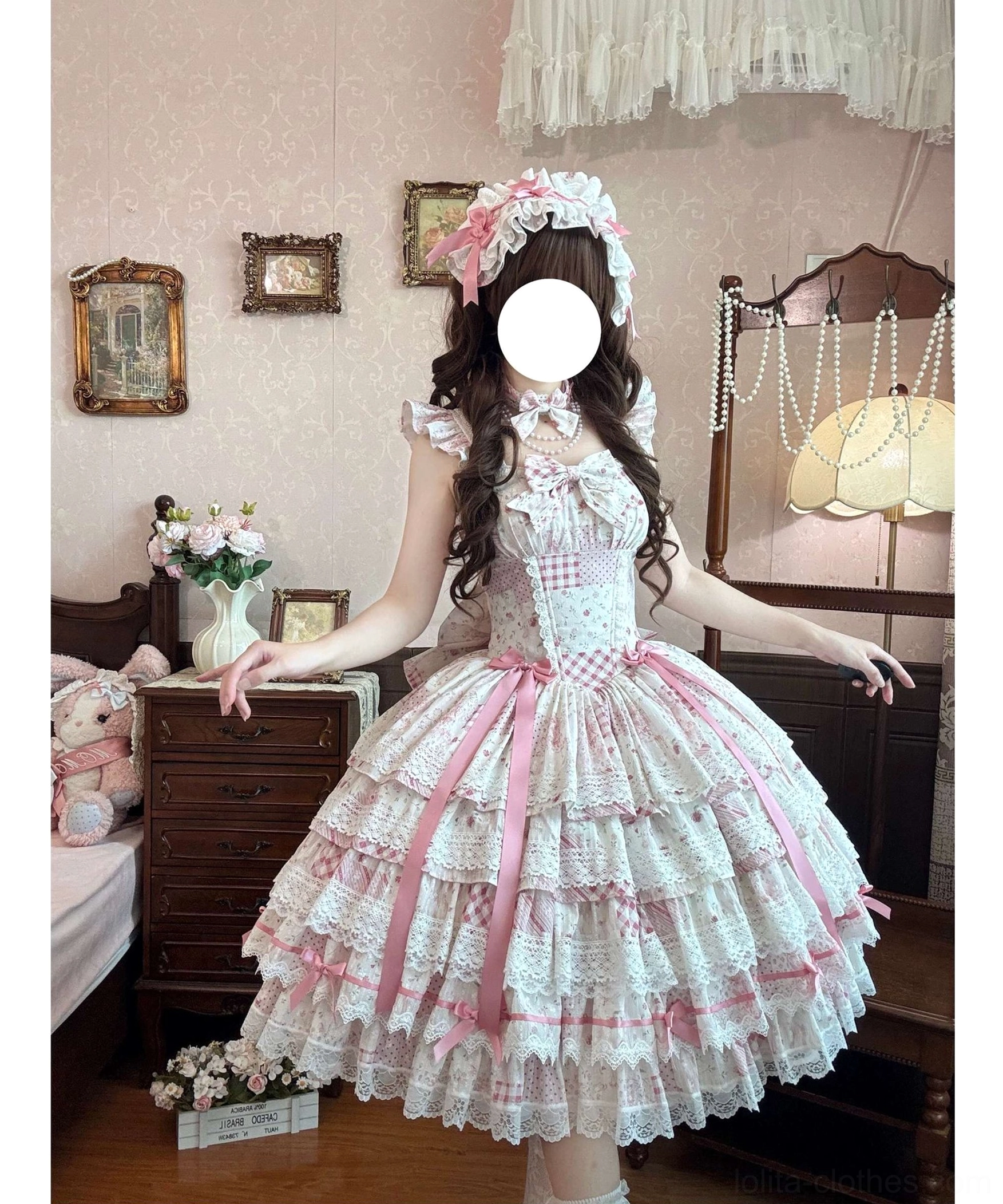Styled full-body shot of lolita JSK coordinate with model wearing complete vintage romantic ensemble including headdress, shoes, and accessory pairing suggestions