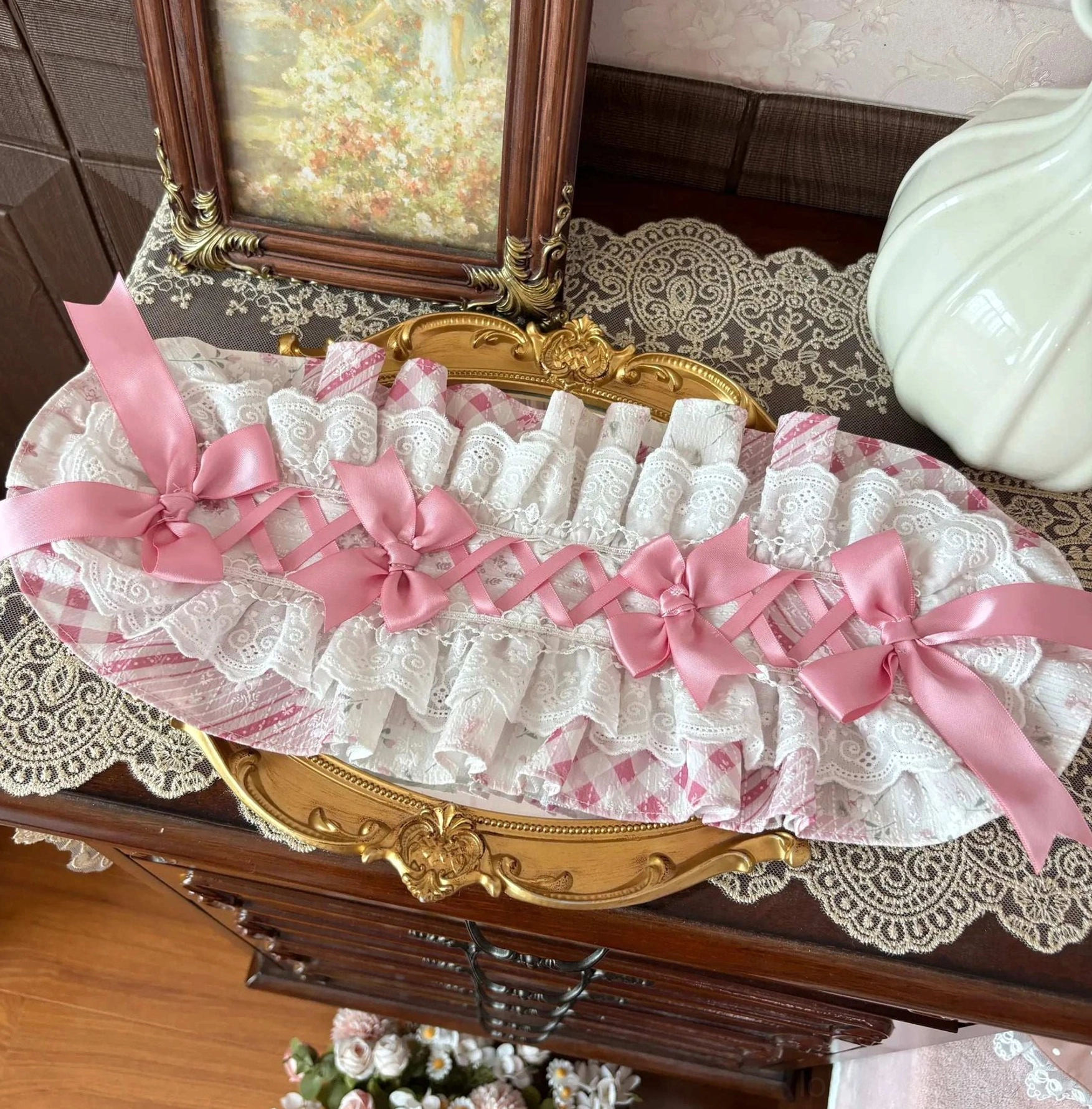 Coordinating lolita headdress accessory with floral print and gingham details matching the JSK dress available in pink, lavender purple, and sky blue options