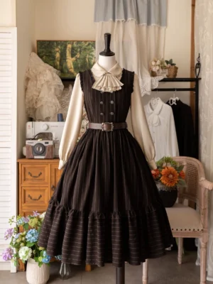 Dark brown pinstripe classical Lolita JSK dress with beige blouse and waist belt full front mannequin display vintage studio setting