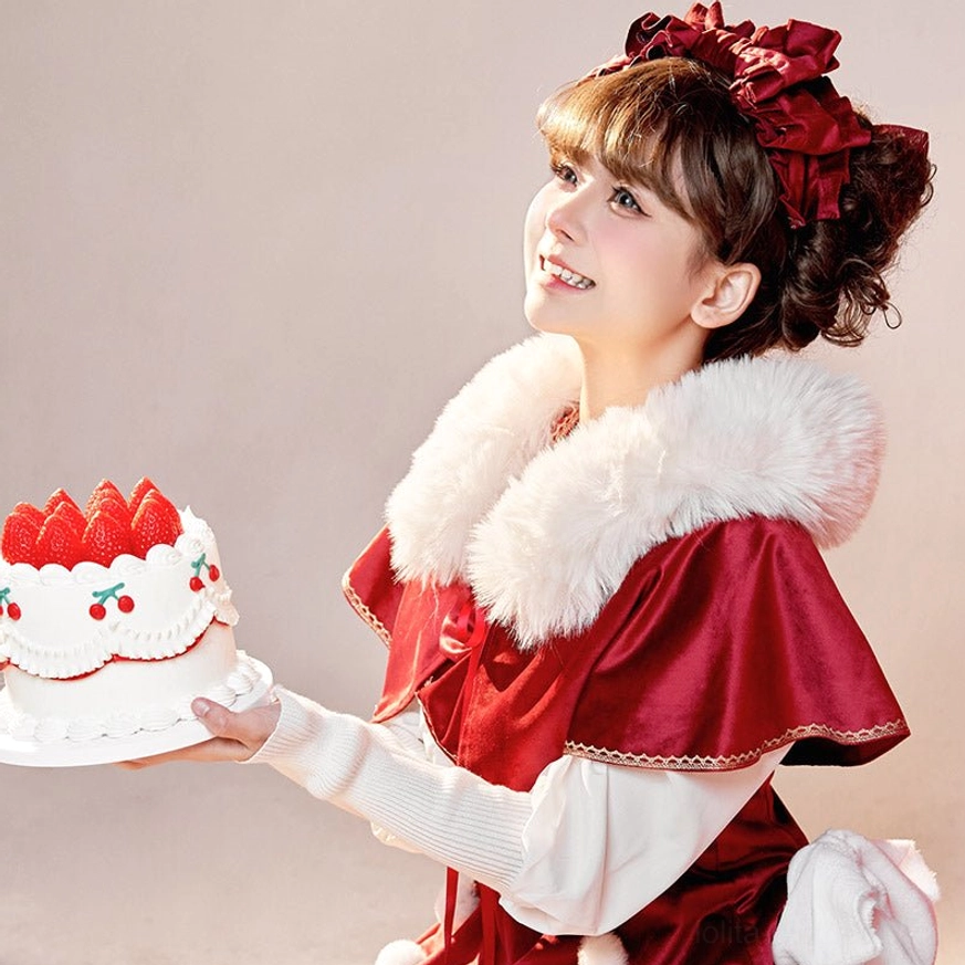Lolita JSK three quarter close-up fluffy white fur trimmed red velvet detachable cape matching puff sleeve blouse