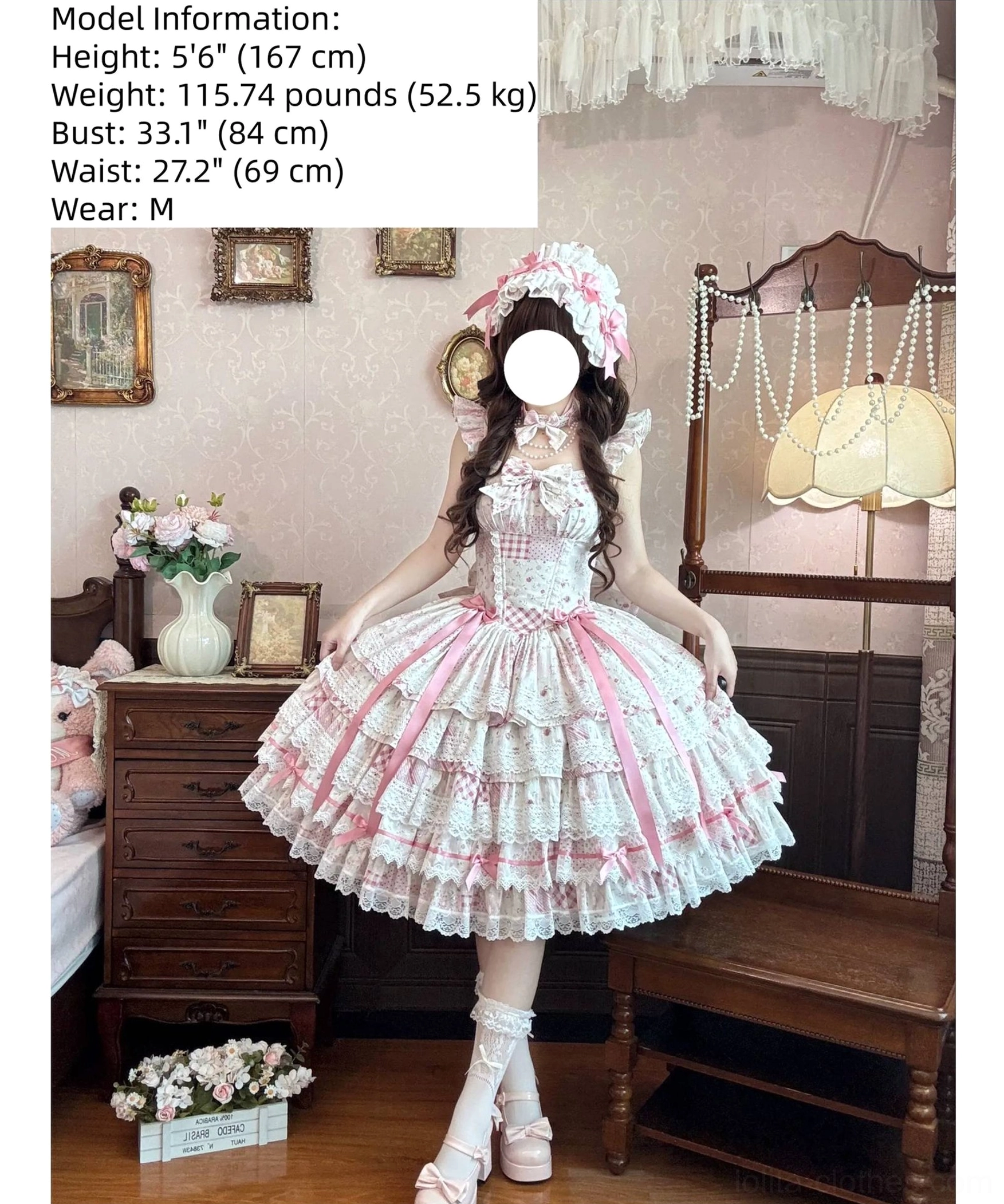 Detachable bow accessory for classic lolita JSK dress in matching gingham pattern with floral coordination available in pink, purple, and blue colorways