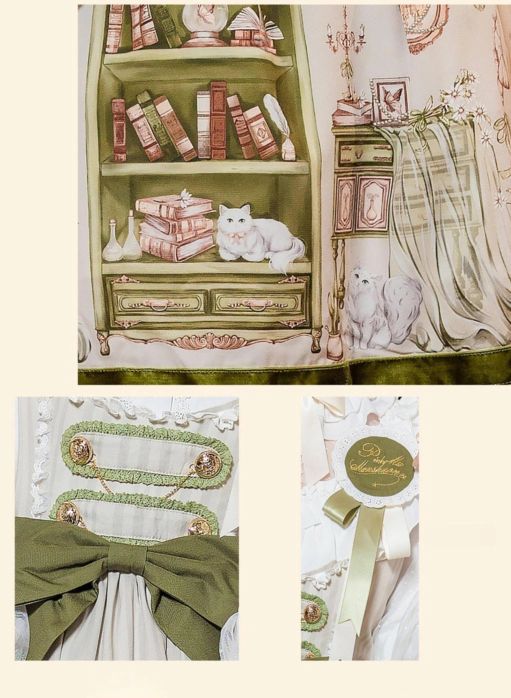 Detailed close-up and flat lay of Classic Lolita JSK dress showing vintage bookstore print, embroidered brooch badge, buttoned shoulder straps, and olive green accent details