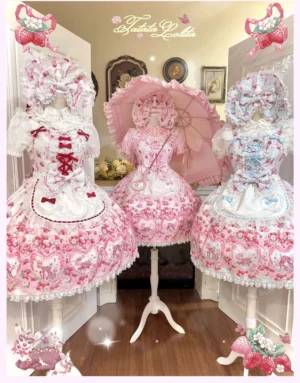 Three vintage-inspired old school lolita JSK dresses with deer and strawberry print coordinated with matching bonnets and parasols in antique home studio