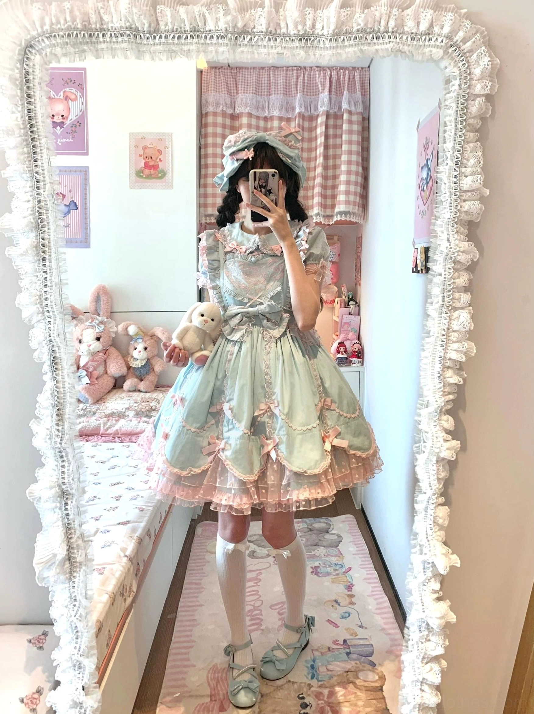 Vintage Lolita jumper dress set color palette comparison white light purple blue-green options