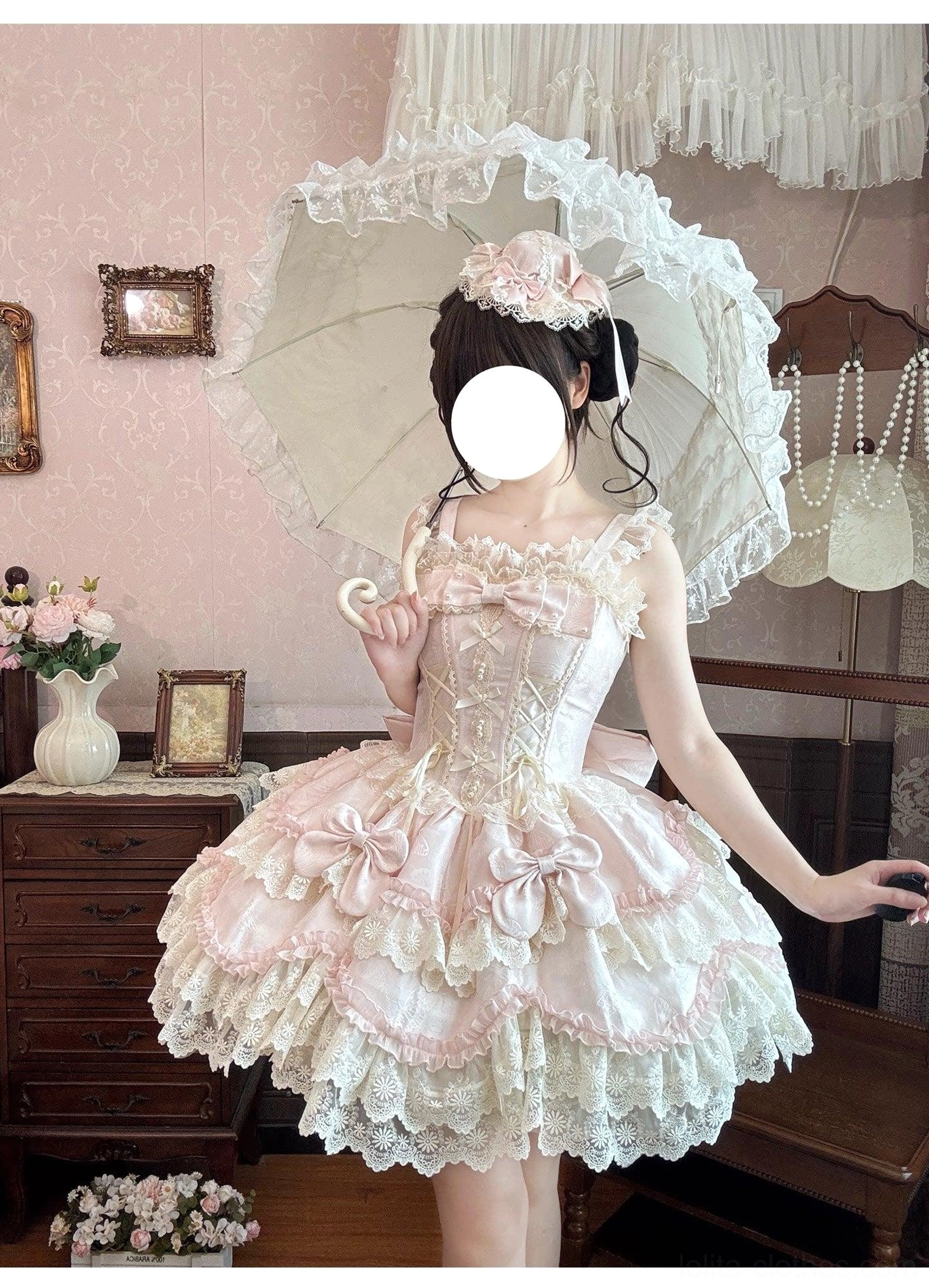 Lolita JSK dress color variants display blue pink white jacquard options sweet lolita jumper skirt collection palette comparison
