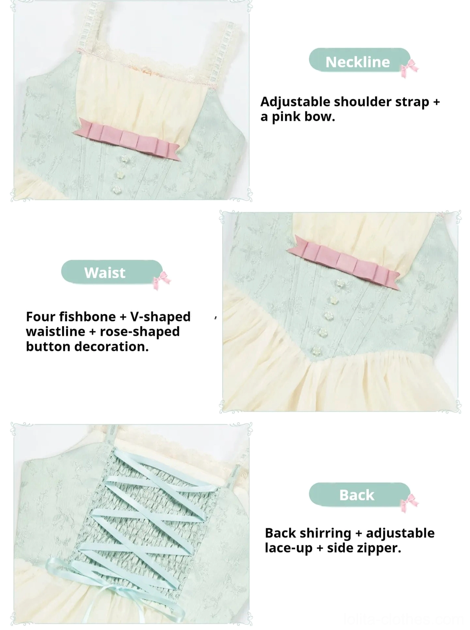 Lolita JSK dress detail illustration adjustable shoulder straps pink bow waist decoration fishbone
