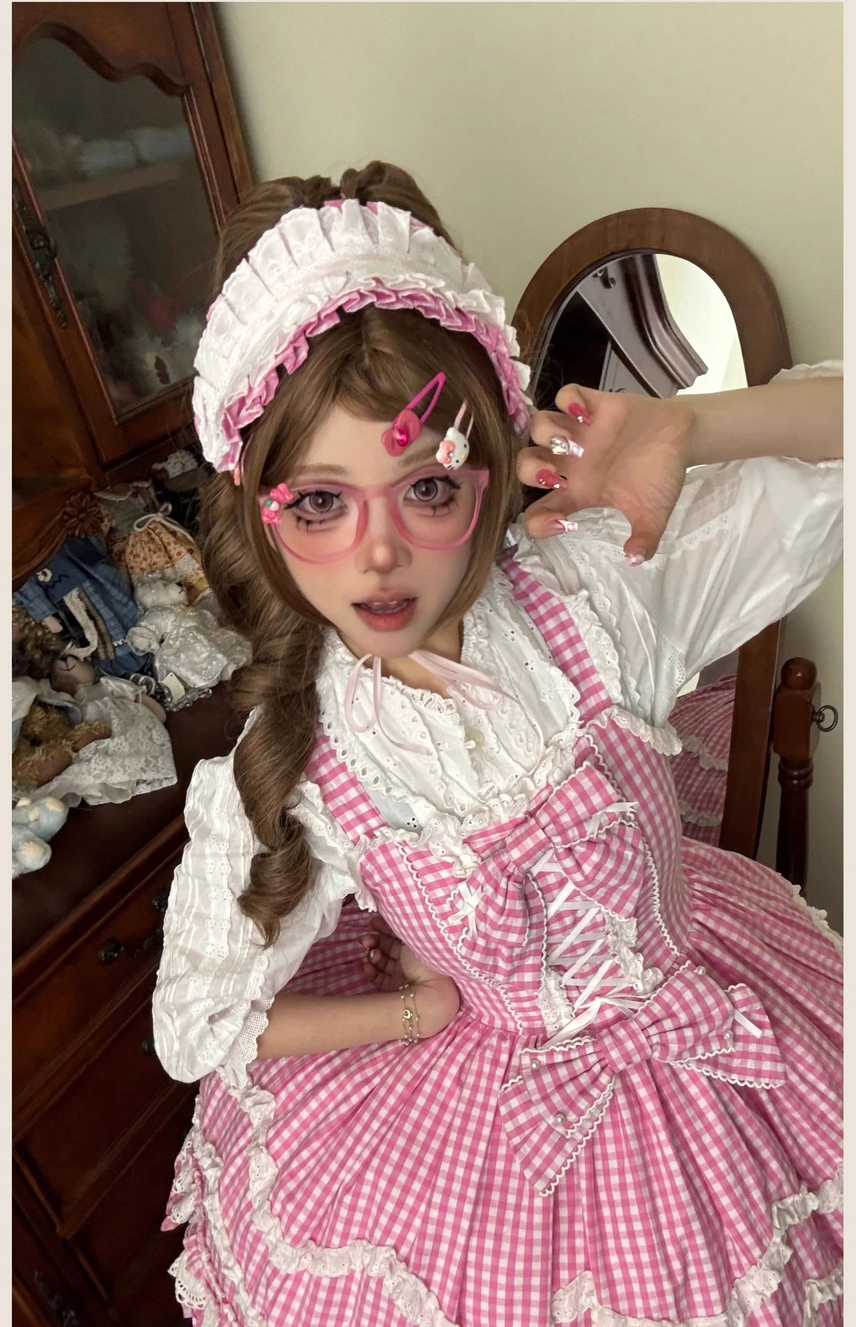 Old school Lolita JSK dress in pink gingham, fabric composition and material quality certification details, showing 100 percent cotton premium fabric specifications