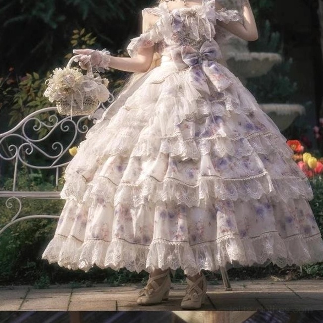 Lolita fashion community style inspiration featuring enchanted garden jsk princess dress worn in various settings including tea party occasion cosplay convention and themed photoshoot contexts