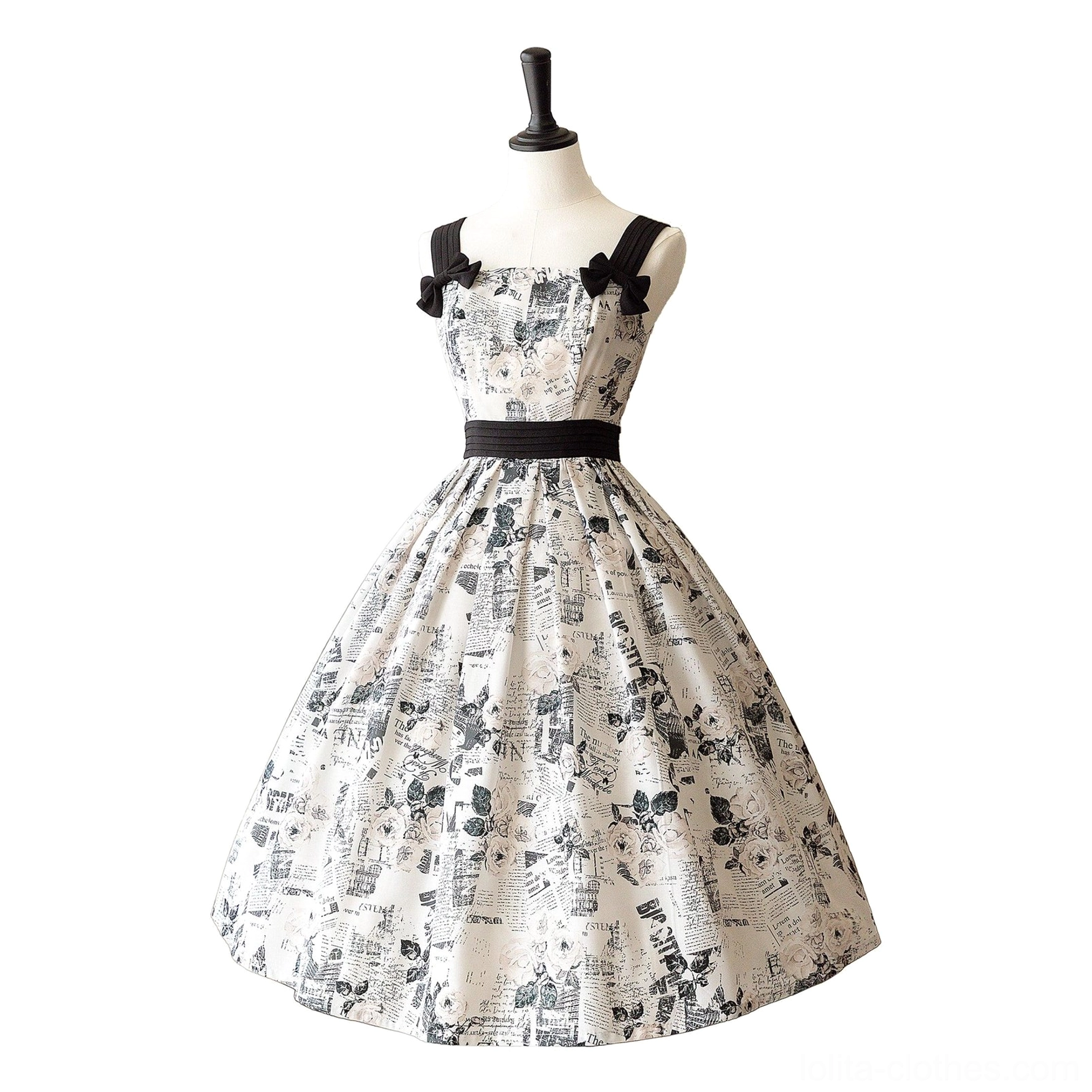 Flat-lay product photography of lolita JSK dress showing overall shape, print clarity, bow details, and measurement reference markers