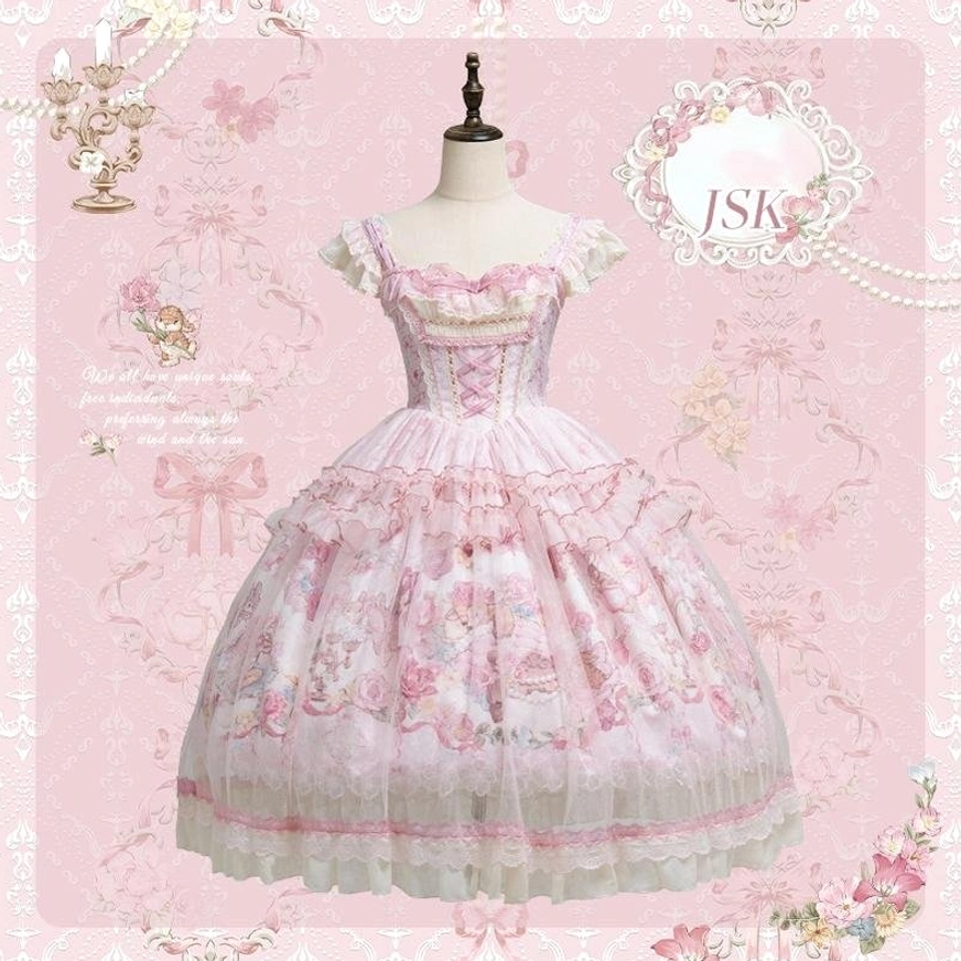 Sweet lolita JSK dress on dress form display showing square neckline lace trim full printed skirt waist bow and tulle overlay construction