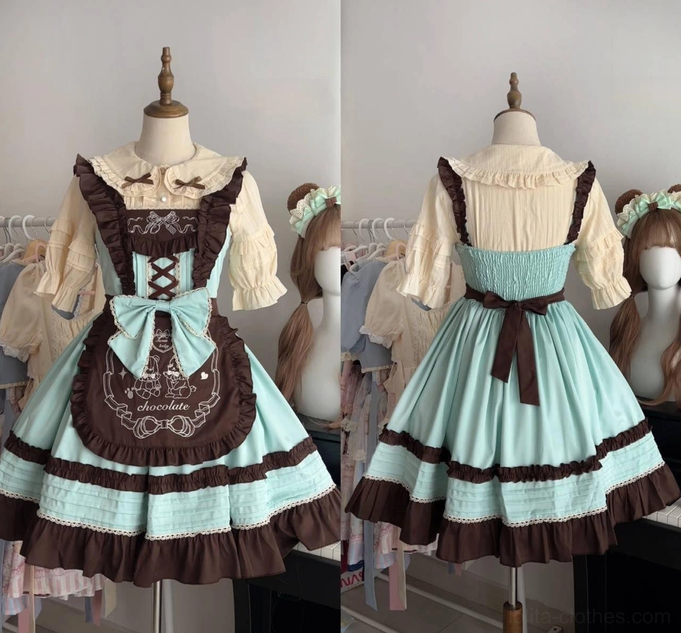 Mannequin display of mint green maid lolita JSK dress front and back view, showing shirred back panel, detachable embroidered apron, brown waist details