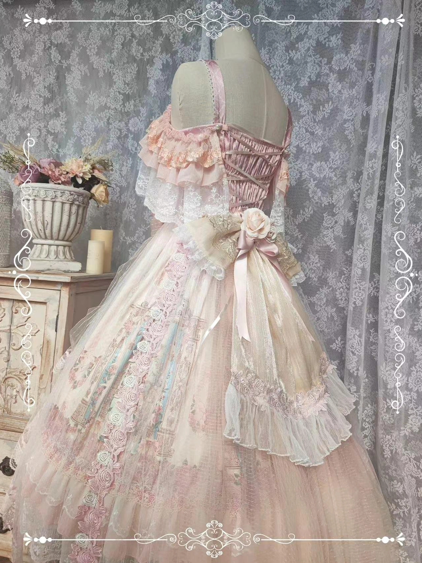 Wedding Lolita JSK dress modeled in indoor setting with vintage furniture and candlelight ambiance
