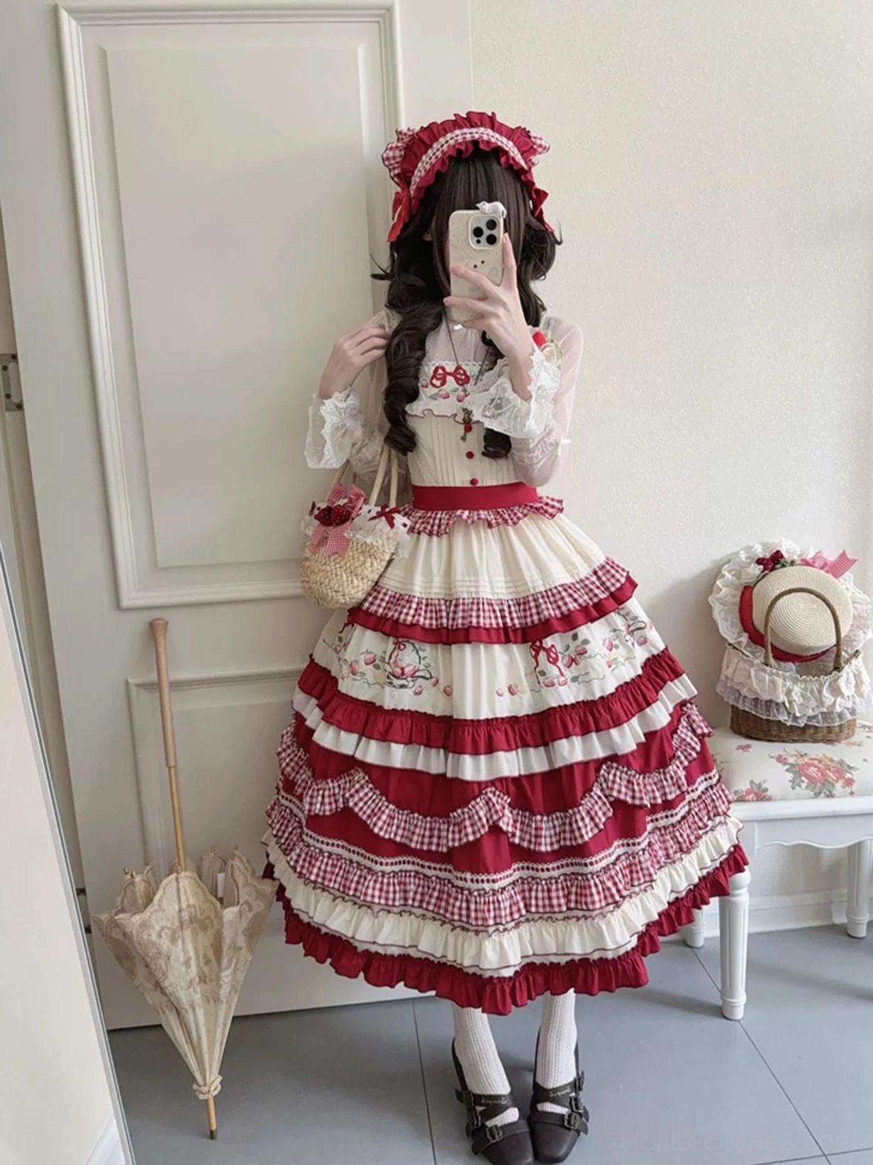 Country lolita strawberry embroidered jumper skirt with sheer lace sleeves bonnet model front mirror selfie