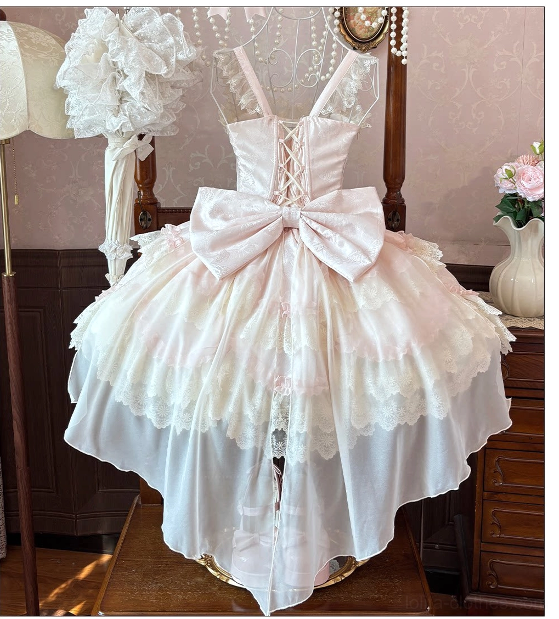Lolita JSK dress back front display mannequin off-white solid color lace-up corset front oversized back tulle bow asymmetrical ruffled hem
