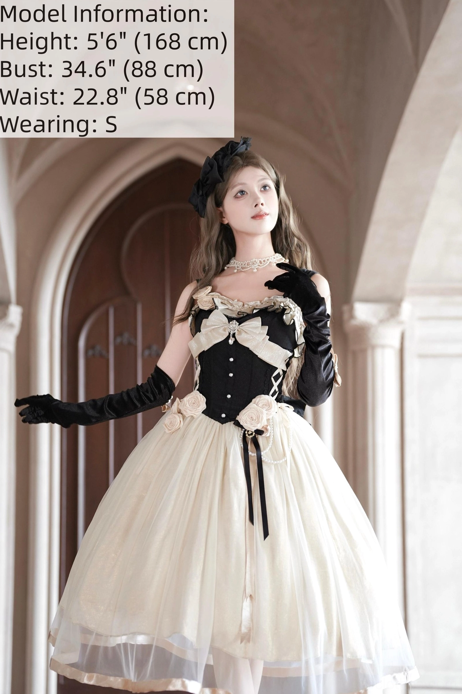 Model specification card showing dress preview with measurements: Height 5'6 (168cm), Bust 34.6 inches (88cm), Waist 22.8 inches (58cm), wearing size S Classic Lolita corset JSK dress