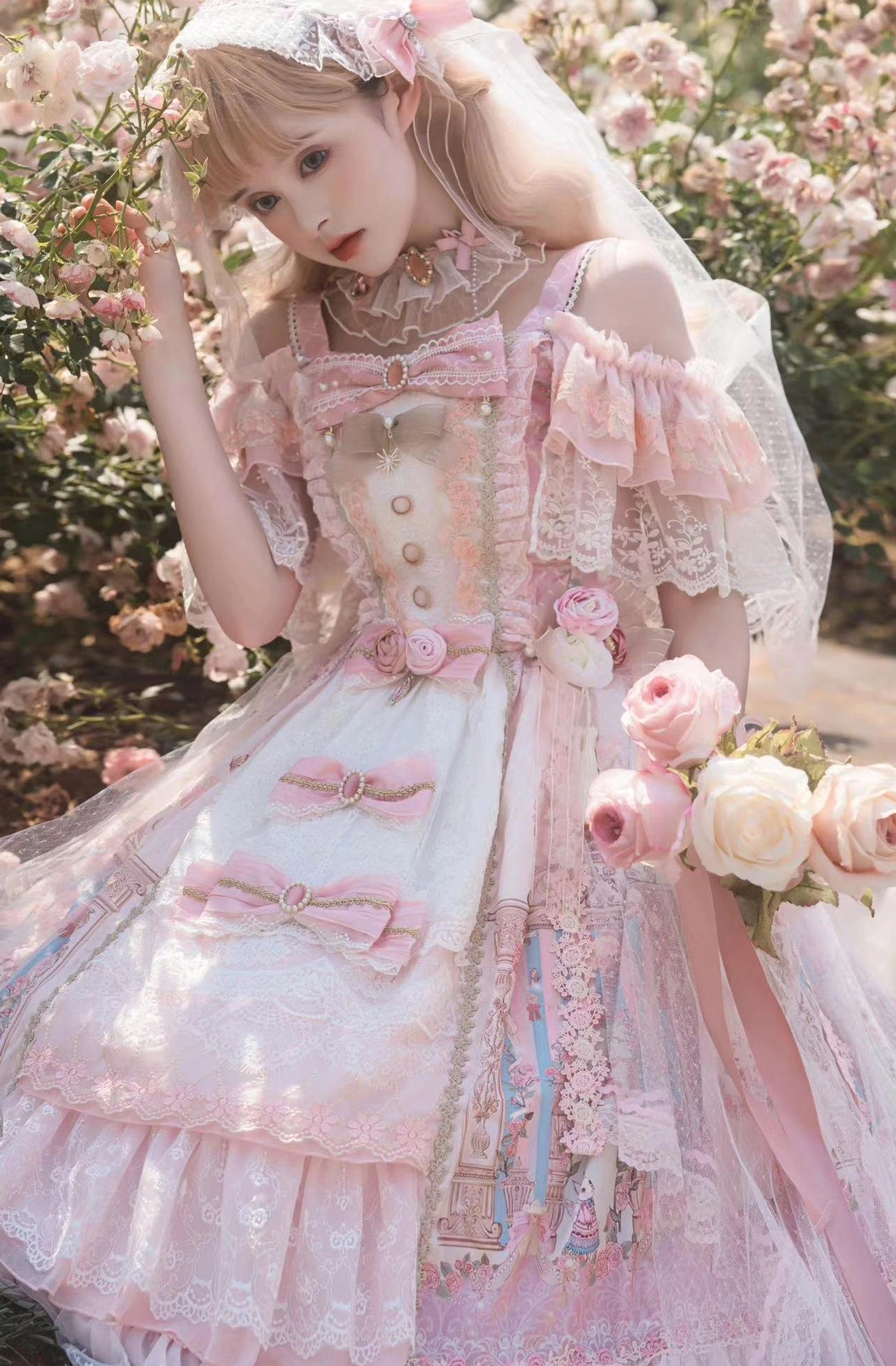 Wedding Lolita JSK dress multi-layered tulle skirt hem and lace trim detail close-up showing construction quality
