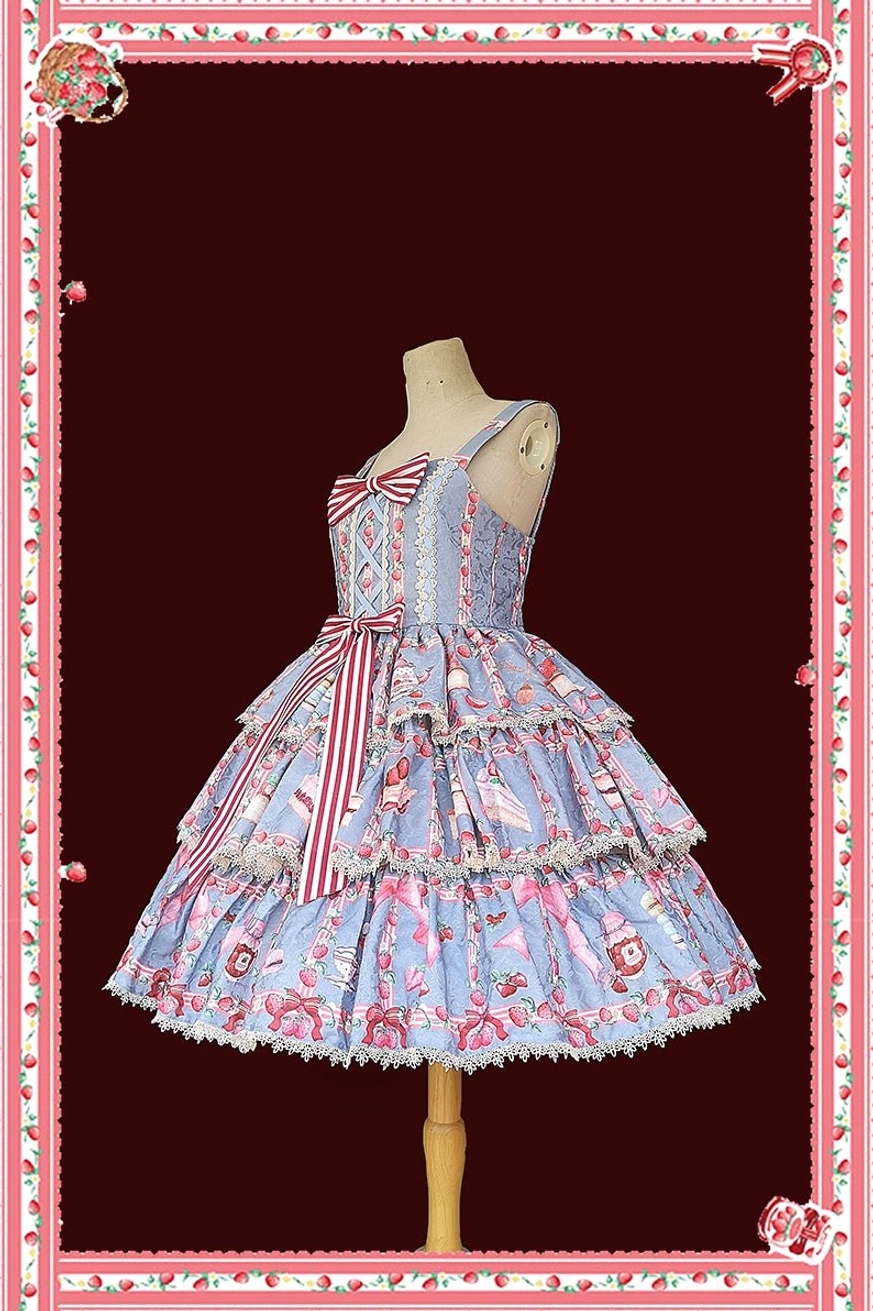 Pastel light grey-blue tiered ruffle lolita JSK dress full front view dress form dark red background floral frame ruffled hem lace trim striped waist bow cute strawberry tea prints