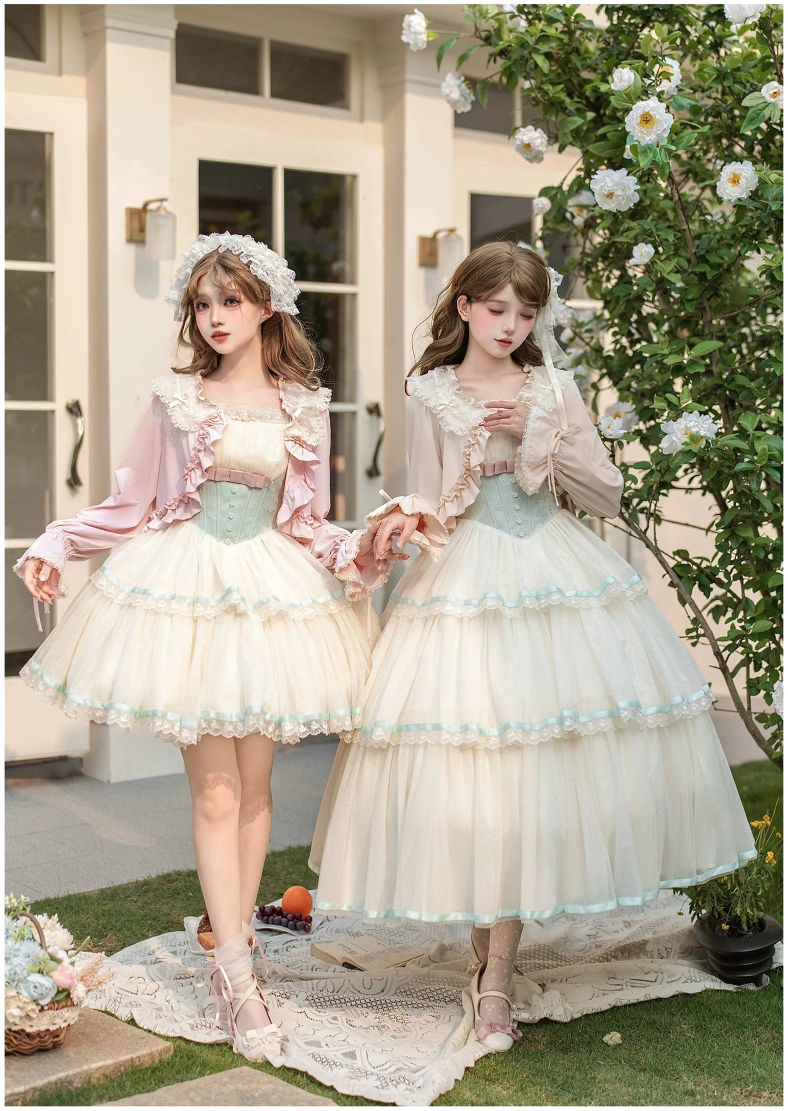 Classic lolita JSK dress with pink ruffled sun-protective cardigan garden lawn picnic styling