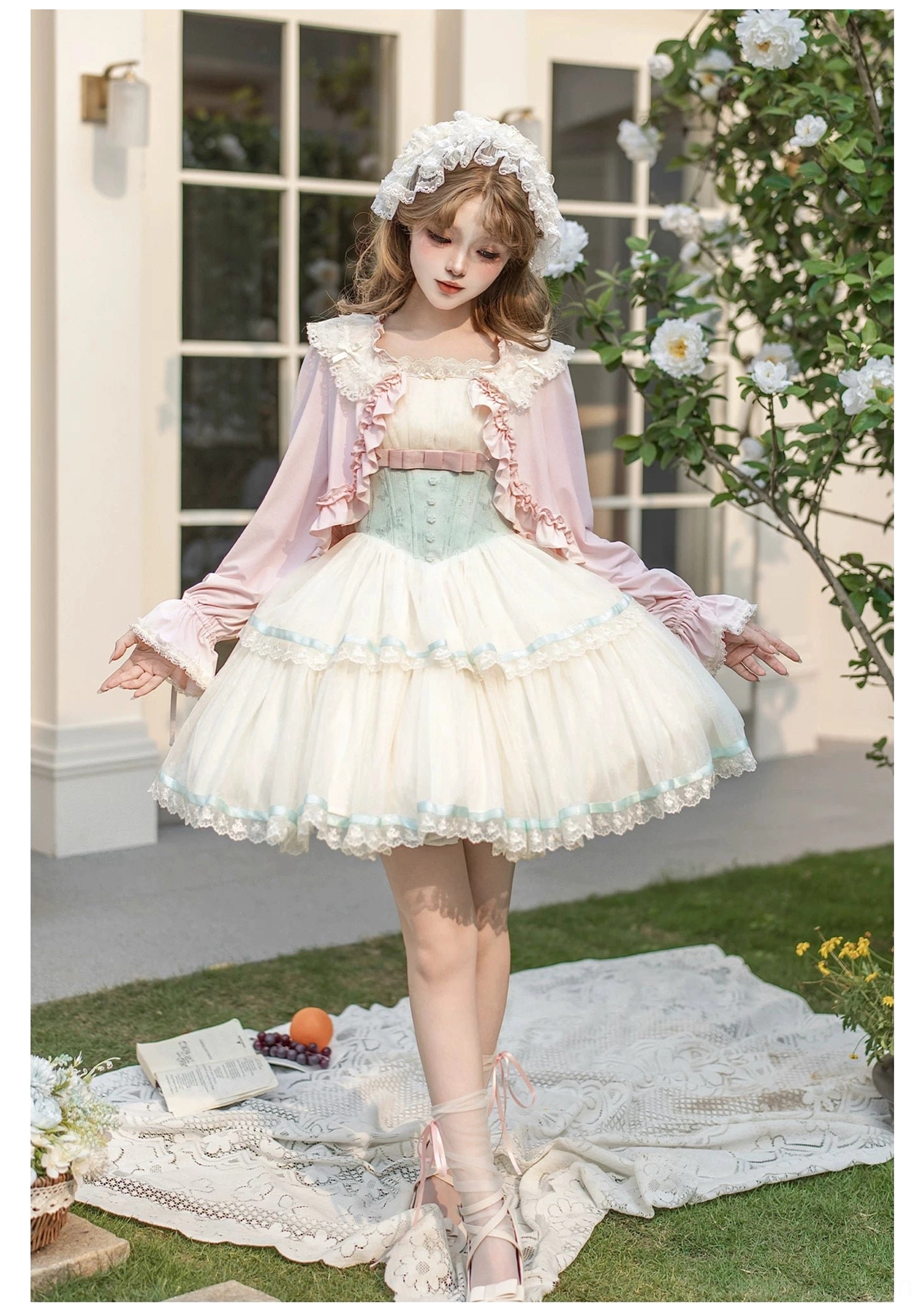 Classic lolita JSK dress with pink ruffled cardigan front full single-model garden lawn picnic styling