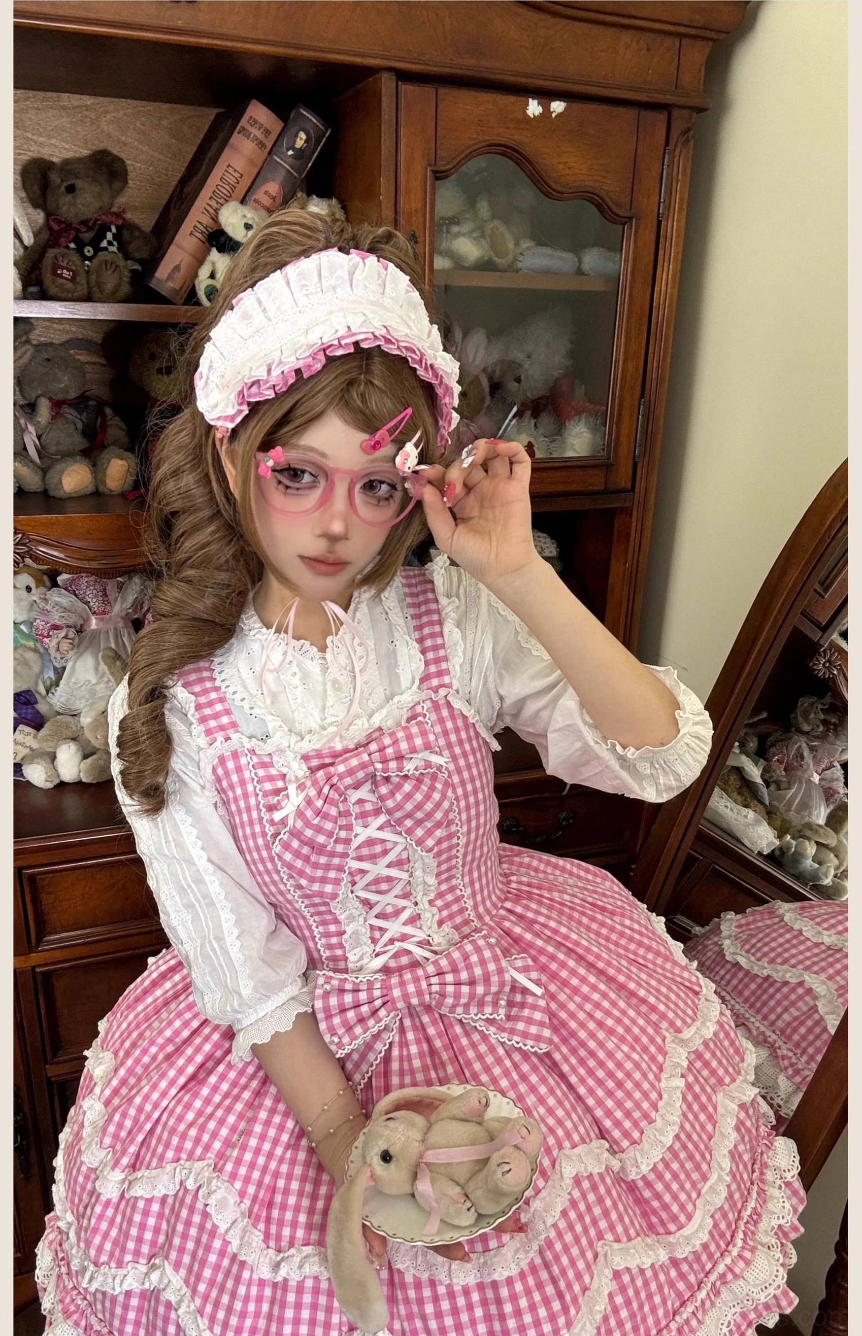 Vintage old school Lolita JSK dress in pink gingham pattern, care instructions and maintenance visual guide showing proper washing and storage recommendations