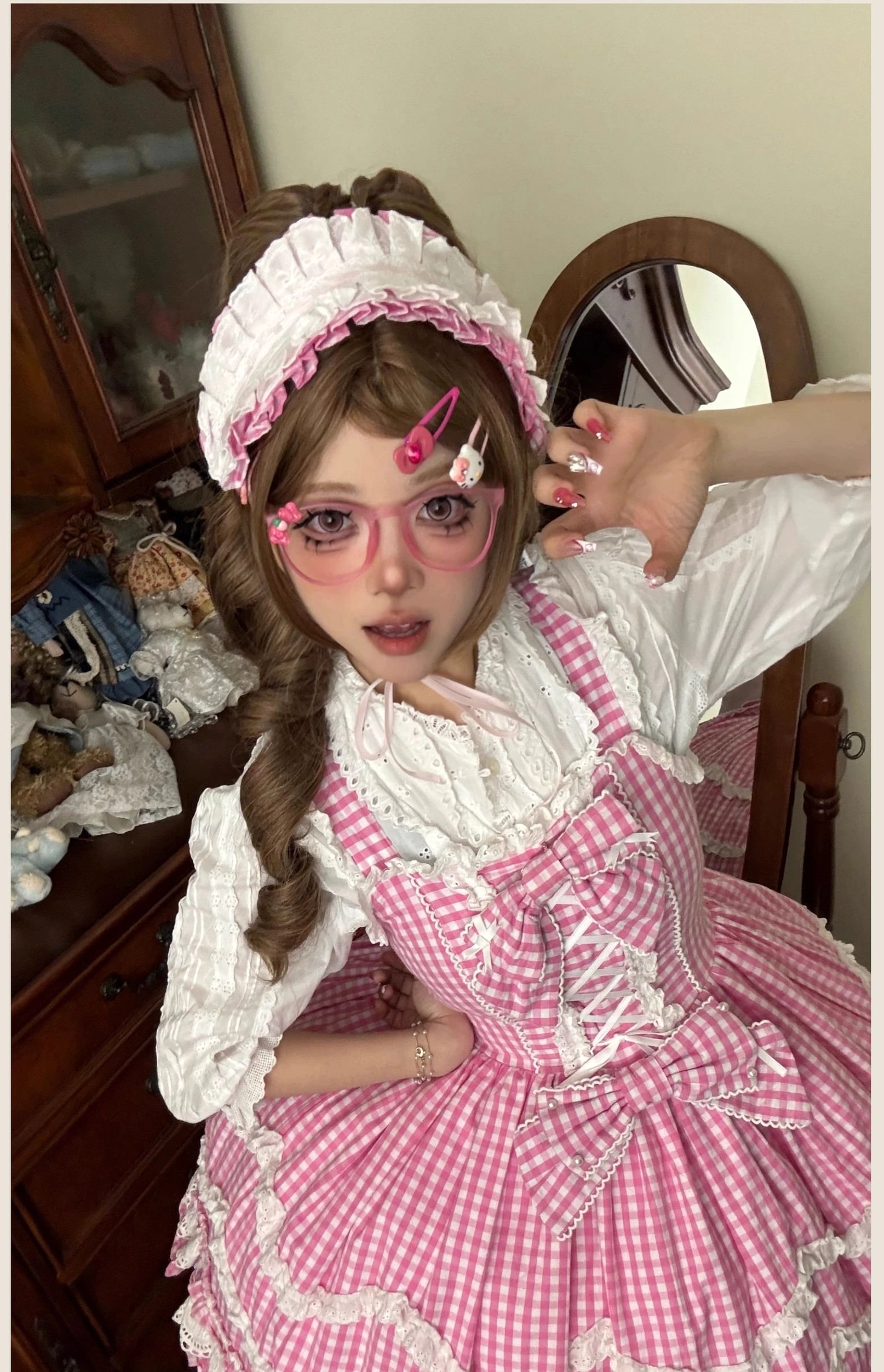 Old school Lolita JSK dress in pink gingham, coordinate inspiration board showing various styling combinations with different blouses and accessories for different occasions