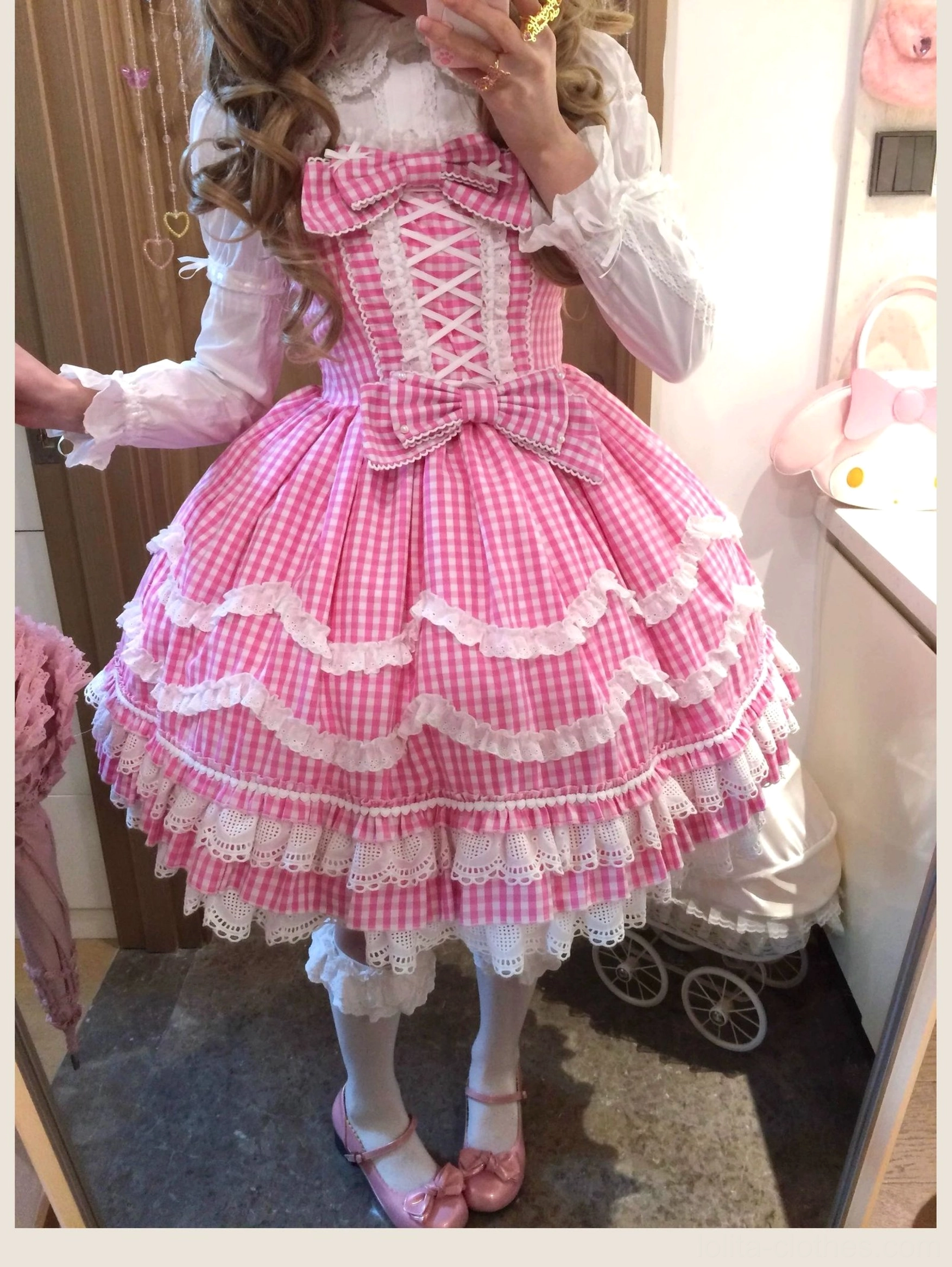 Vintage-inspired old school Lolita JSK dress pink gingham, pre-order production timeline and shipping information graphic showing 15-day processing timeline