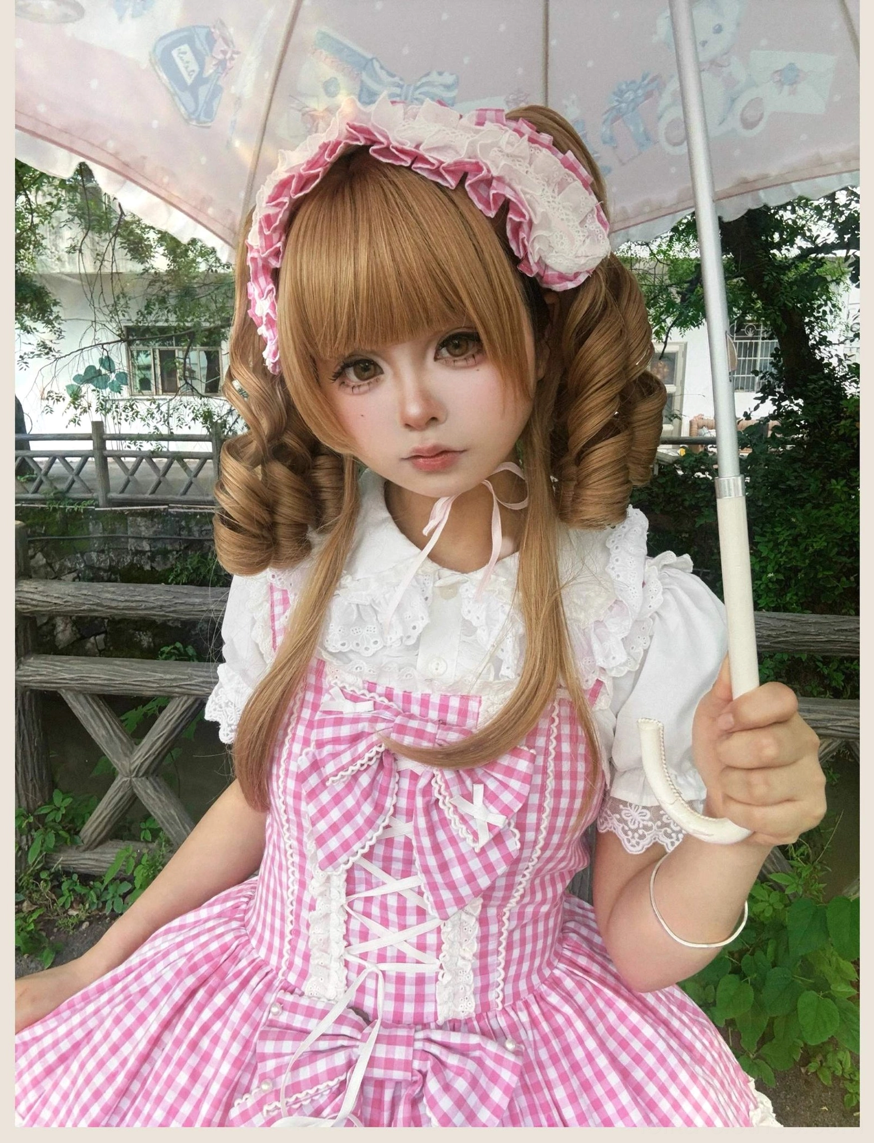 Vintage old school Lolita JSK dress in pink gingham, armhole and shoulder seam construction detail showing professional tailoring and lace accent placement